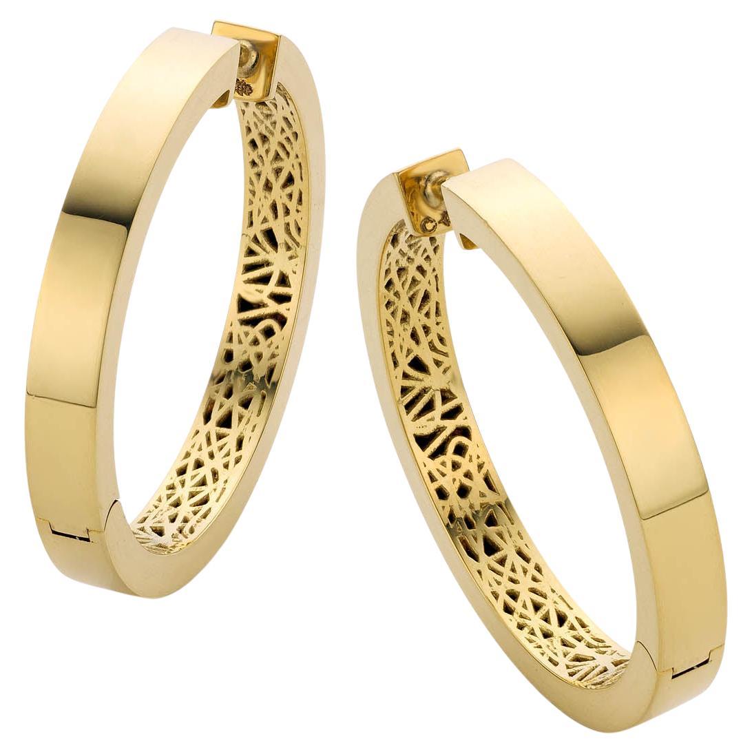 Cober Large Creoles with playful lining inner side 14 Carat yellow gold Earrings For Sale