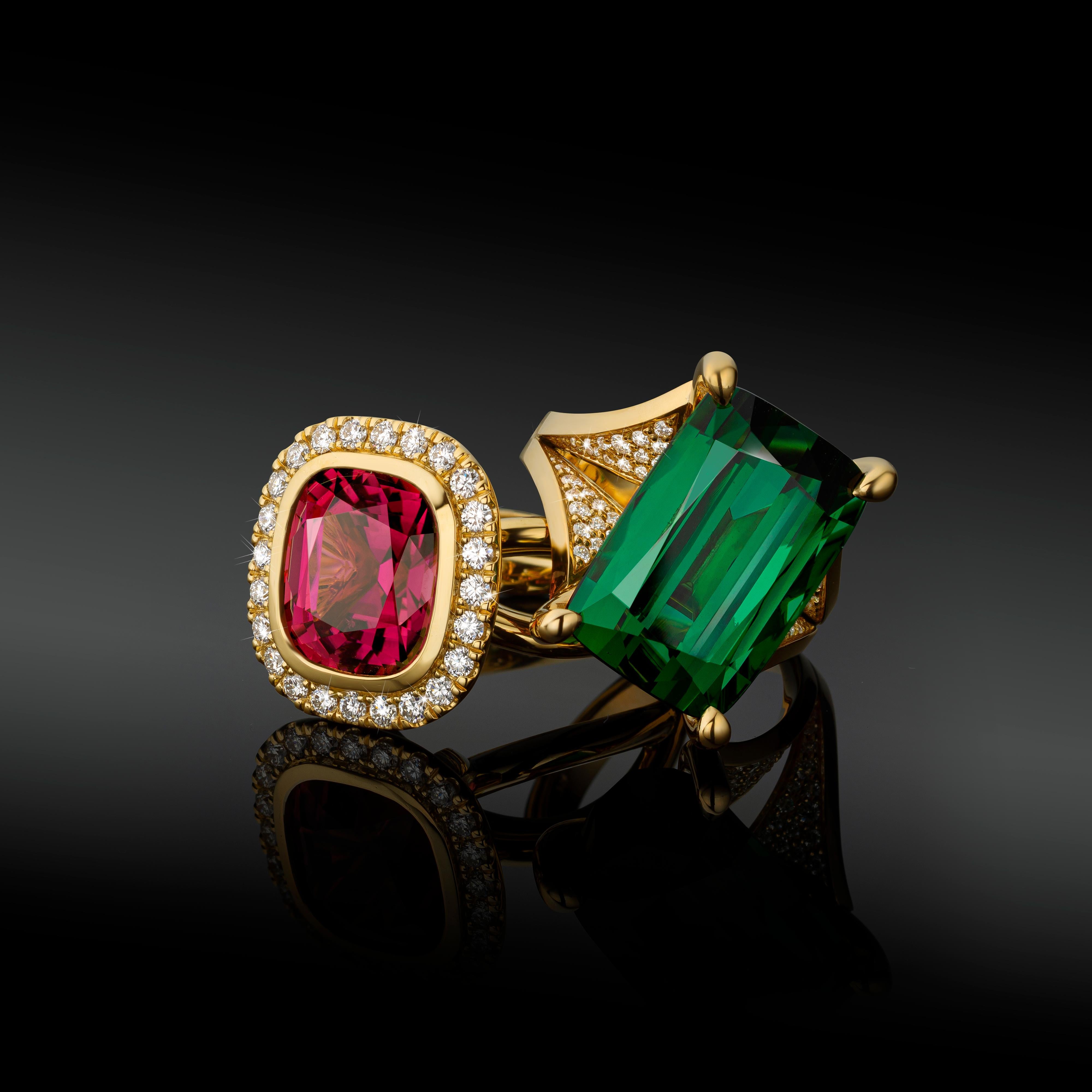 Cober “Playful Pink” with a deep pink Tourmaline and 24 Diamonds YellowGold Ring For Sale 2
