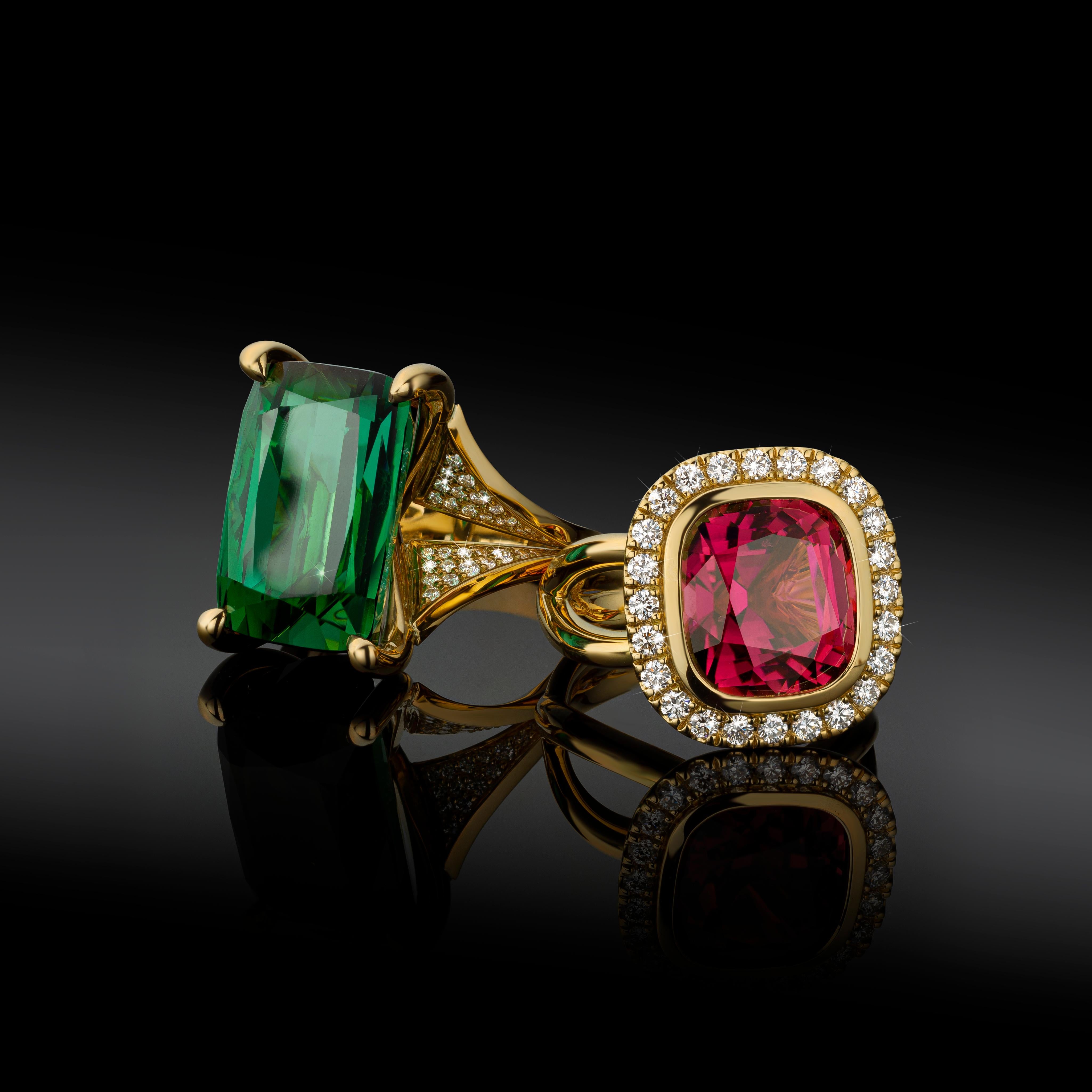 Cober “Playful Pink” with a deep pink Tourmaline and 24 Diamonds YellowGold Ring For Sale 3