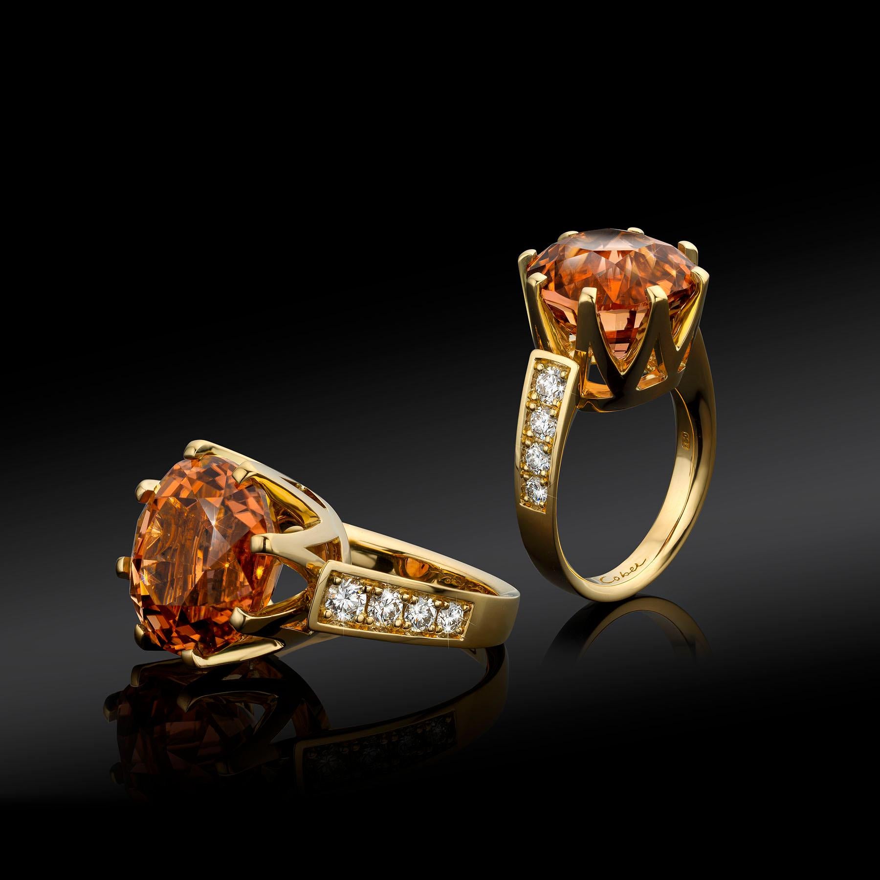 Brilliant Cut Cober “Queen Peach” with peach color Tourmaline and Diamonds Yellow Gold Ring  For Sale