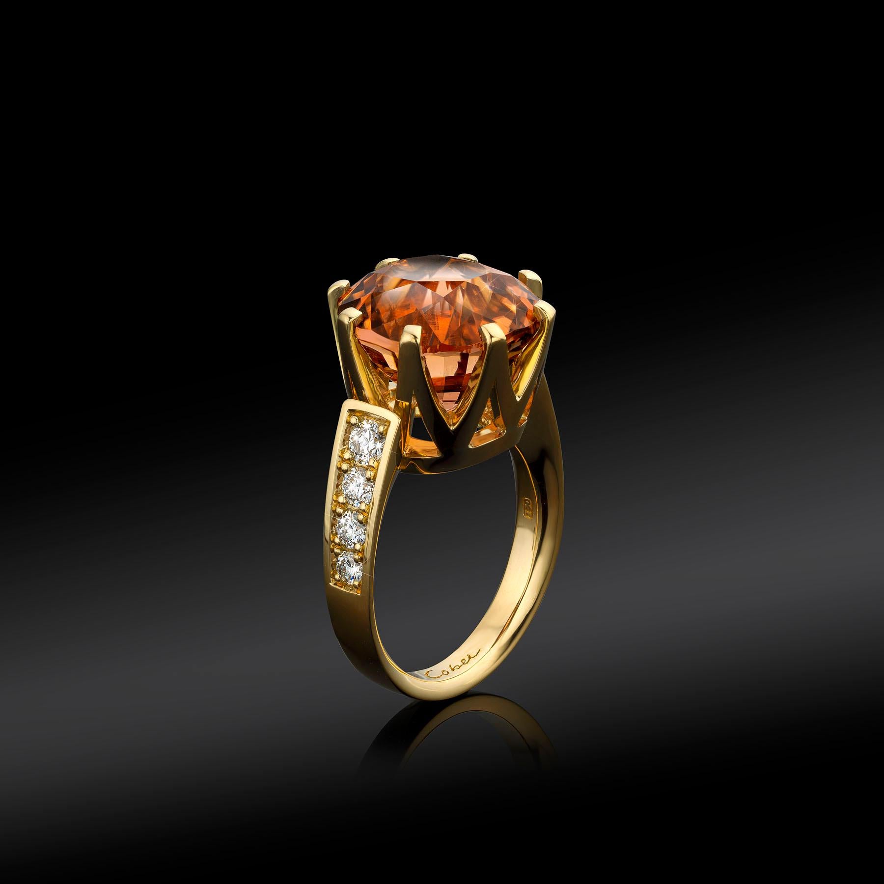 Cober “Queen Peach” with peach color Tourmaline and Diamonds Yellow Gold Ring  In New Condition For Sale In OSS, NH