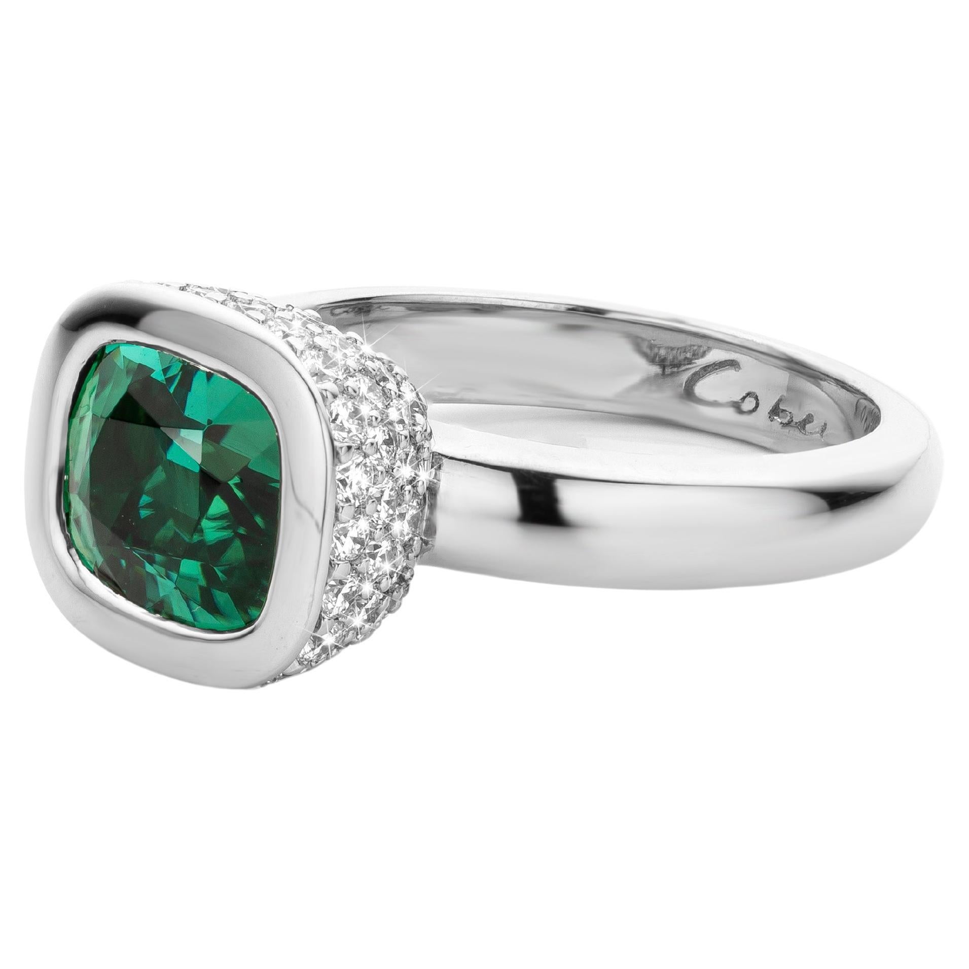 Cober “Sparkling cup”with vivid green Tourmaline and Diamonds White Gold Ring 