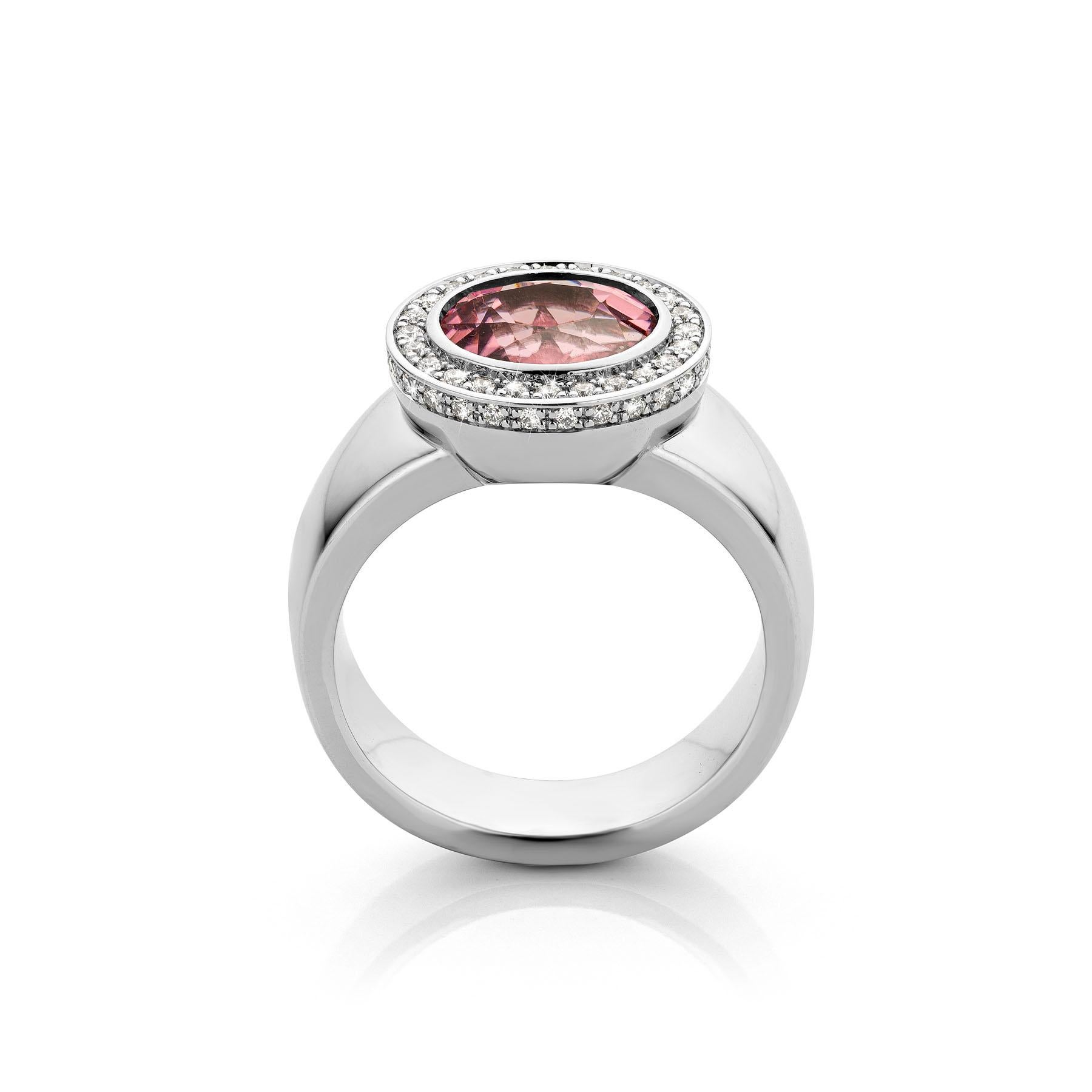 Contemporary Cober “Something Royal”with clear pink Tourmaline surrounded by 43 Diamonds Ring For Sale