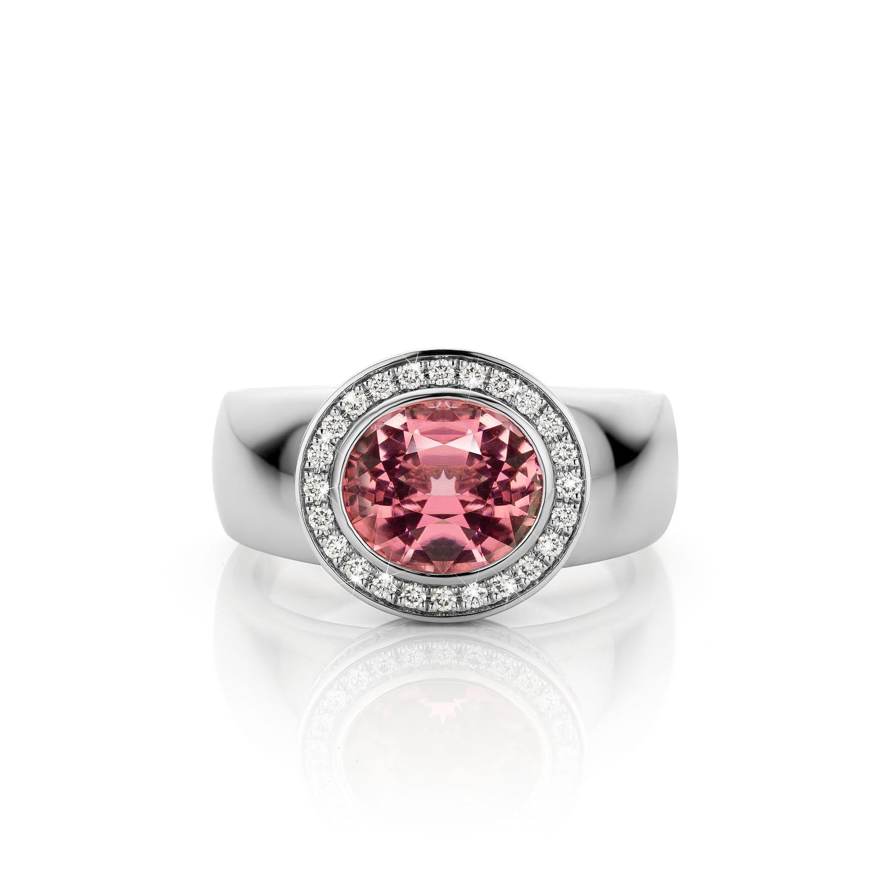Brilliant Cut Cober “Something Royal”with clear pink Tourmaline surrounded by 43 Diamonds Ring For Sale