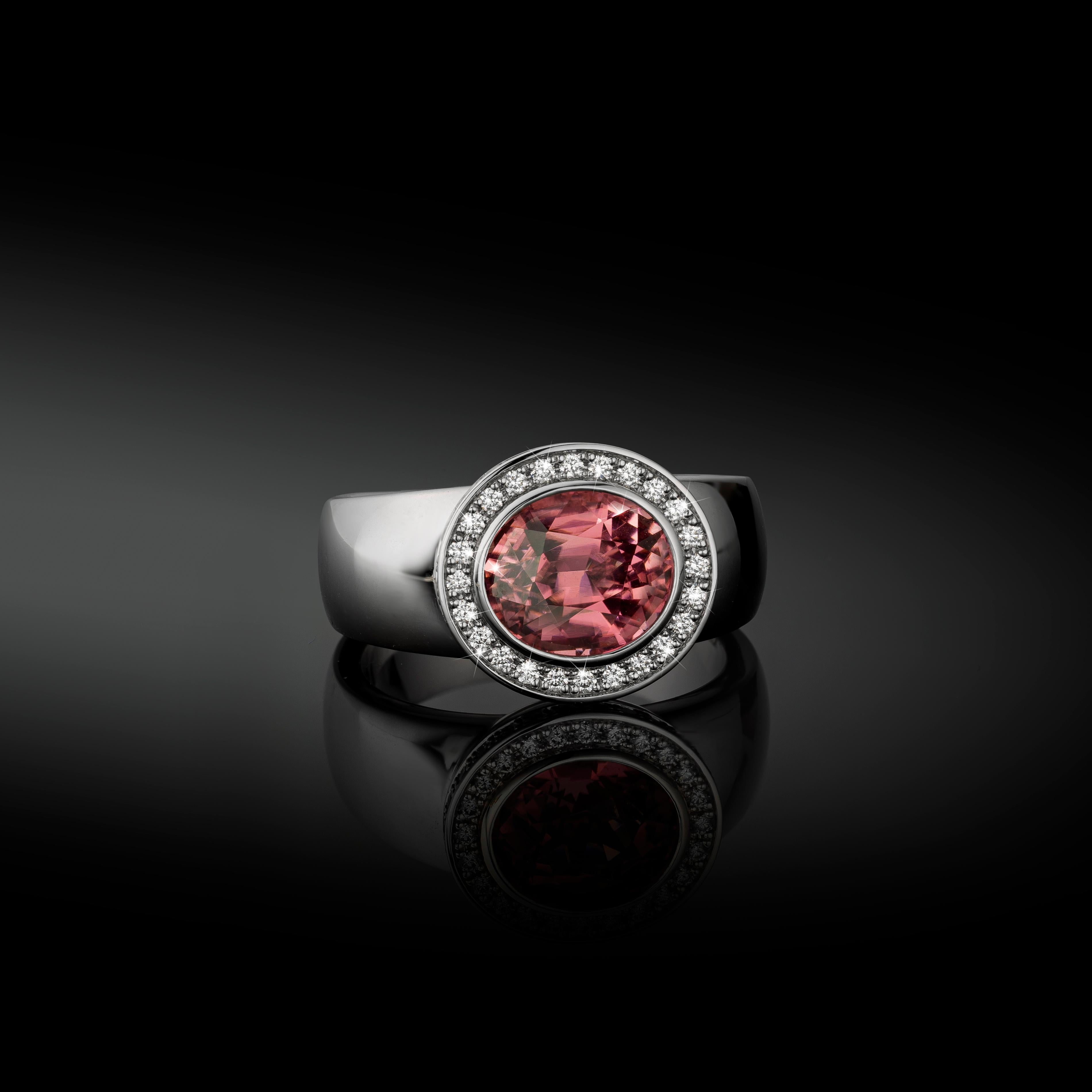Cober “Something Royal”with clear pink Tourmaline surrounded by 43 Diamonds Ring In New Condition For Sale In OSS, NH