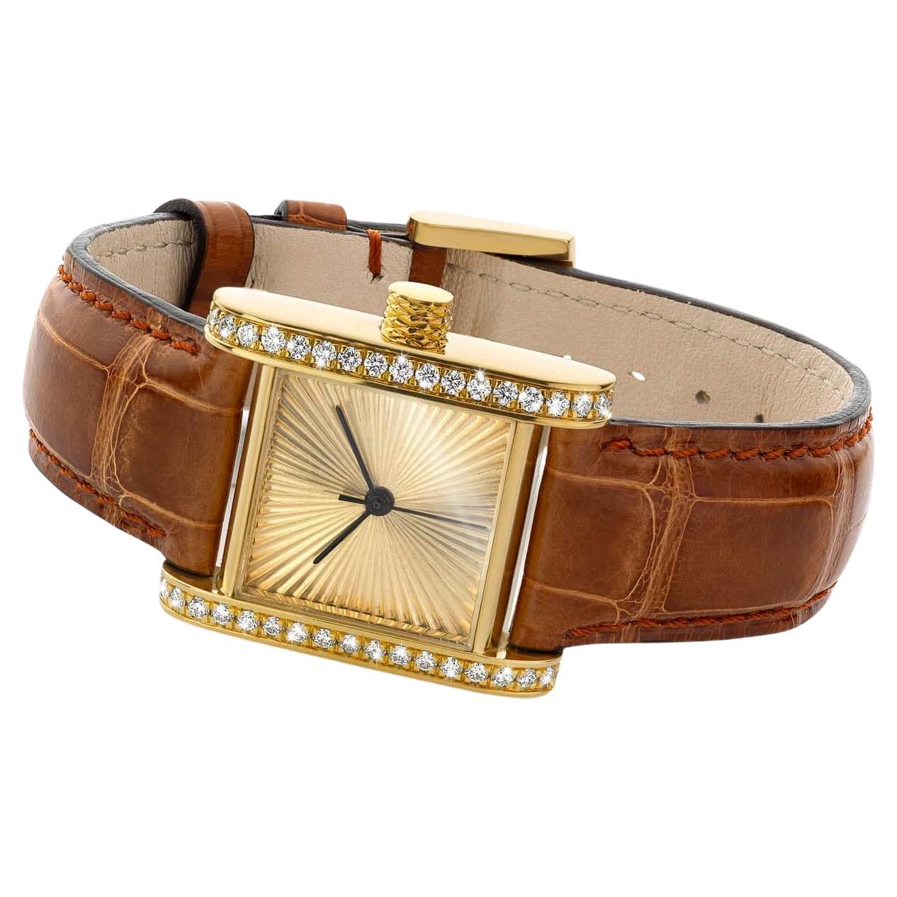 Cober "Square One" Ladies crocodile leather with 38 pavé Diamonds Wristwatch For Sale