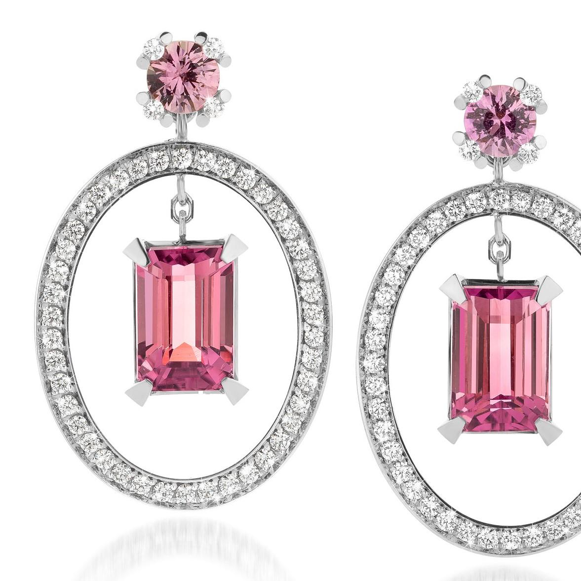 Brilliant Cut Cober “Tourmalines” with 4.14 Carat Tourmalines, Diamonds and Sapphires Earrings For Sale