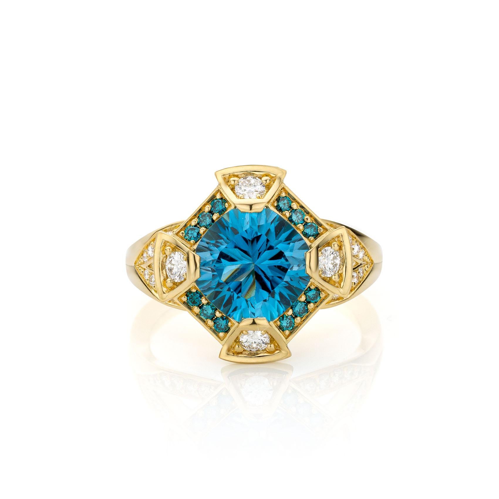 Contemporain Cober Tropical Blue Topaz 12 diamants bleus 24 diamants pavés Bague en or jaune en vente