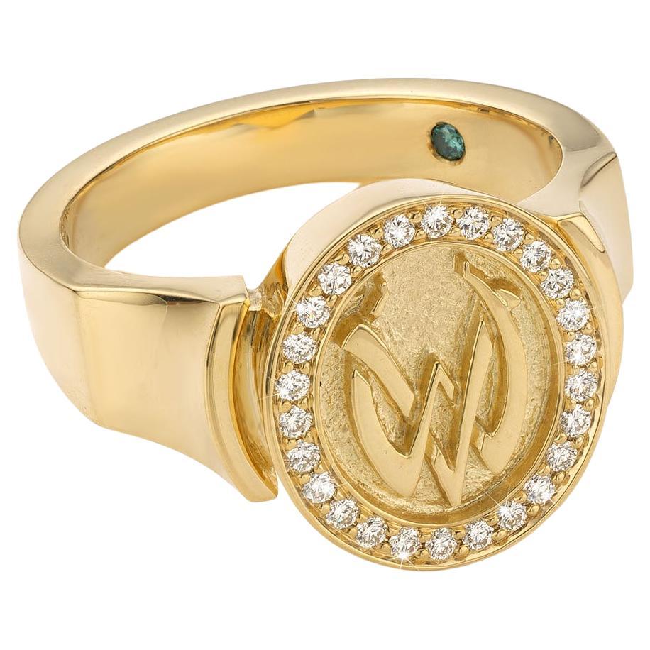 Cober with 26 Brilliant-Cut Diamonds Unique  14 Carat Yellow Gold Signet Ring For Sale