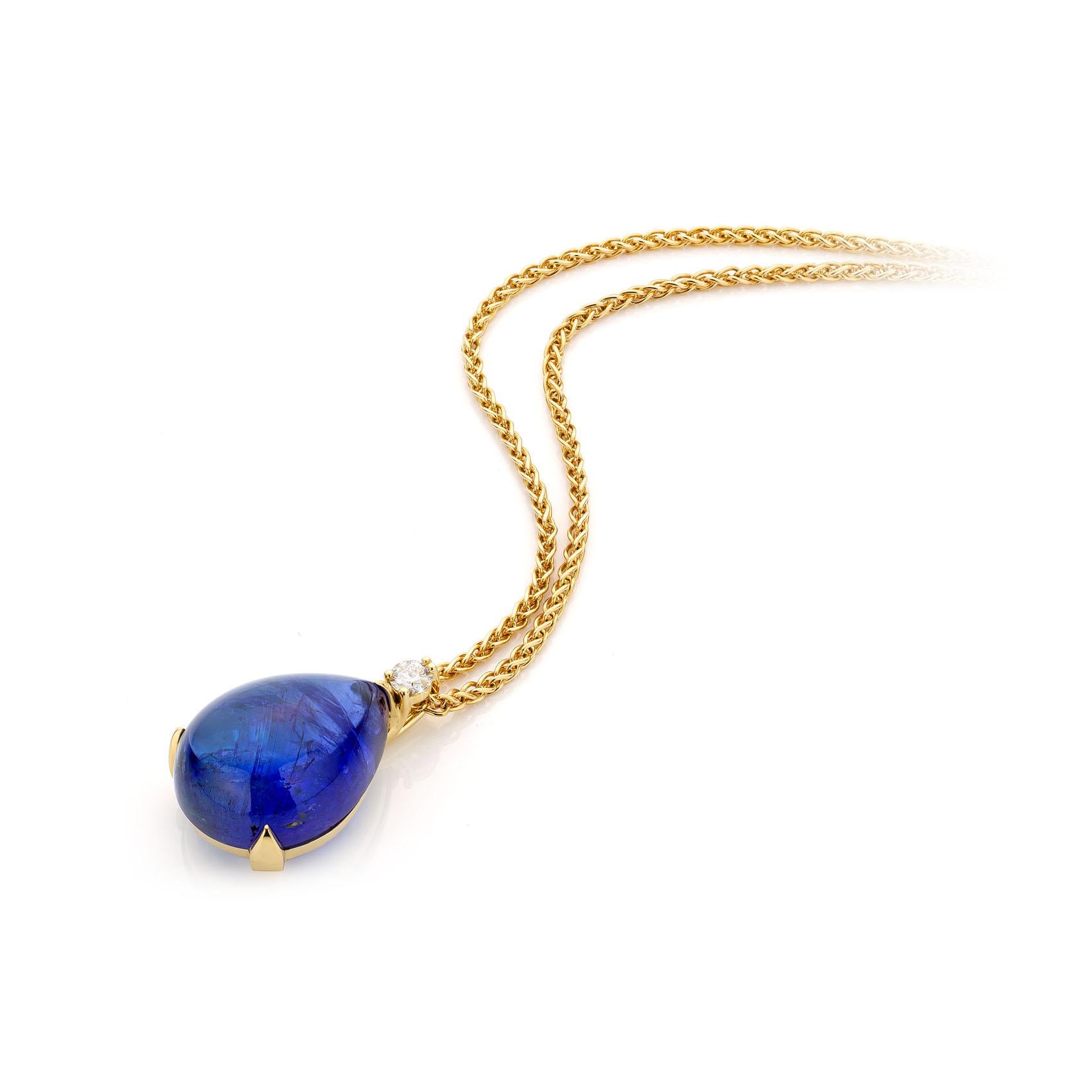 Contemporary Cober with 26.80 Carat Tanzanite in beautiful bold setting Yellow Gold Pendant  For Sale