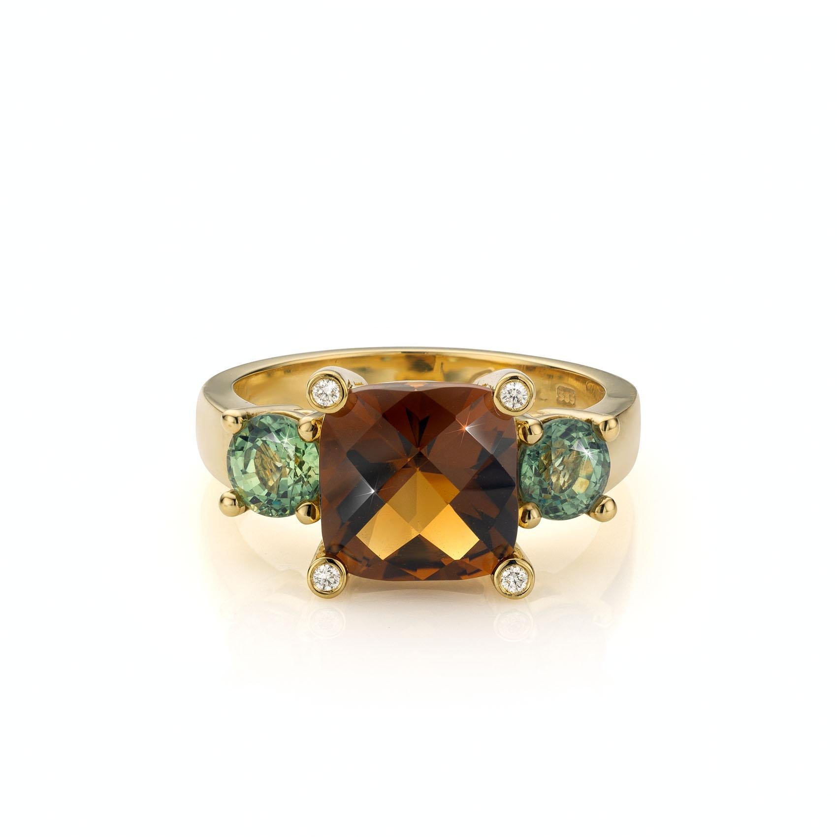 Contemporary Cober with 3.15 Carat Quartz, 2 Green Sapphires and 4 Diamonds Yellow Gold Ring  For Sale