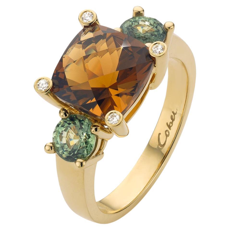 Cober with 3.15 Carat Quartz, 2 Green Sapphires and 4 Diamonds Yellow Gold Ring  For Sale