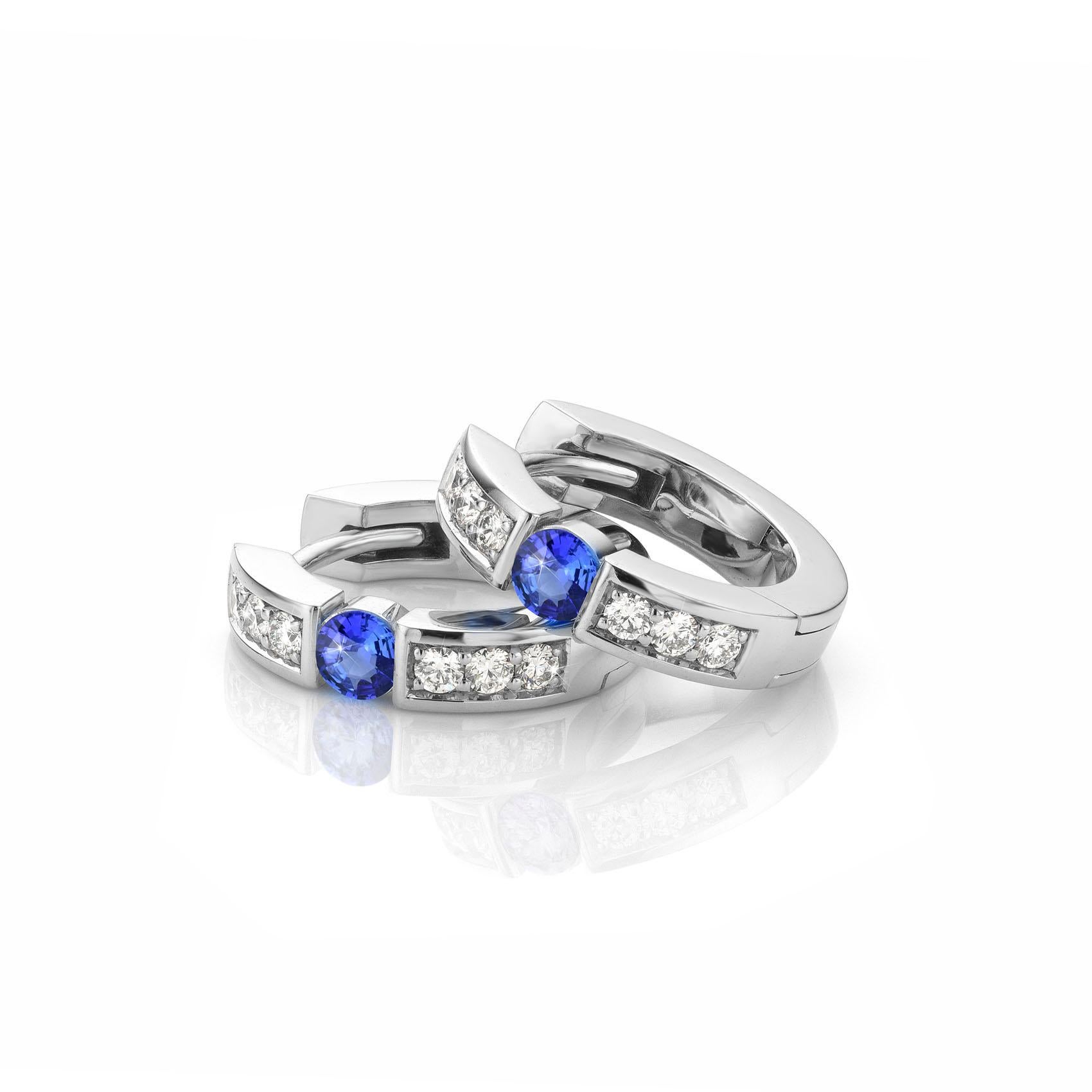 Contemporary Cober with 6 Diamonds each and 0.15 Carat Pure Blue Sapphire White Gold Earrings For Sale