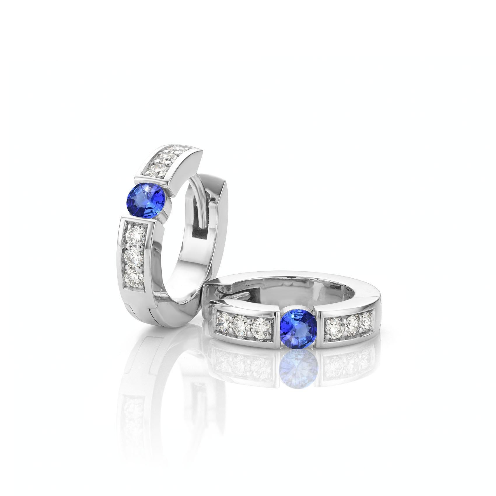 Brilliant Cut Cober with 6 Diamonds each and 0.15 Carat Pure Blue Sapphire White Gold Earrings For Sale