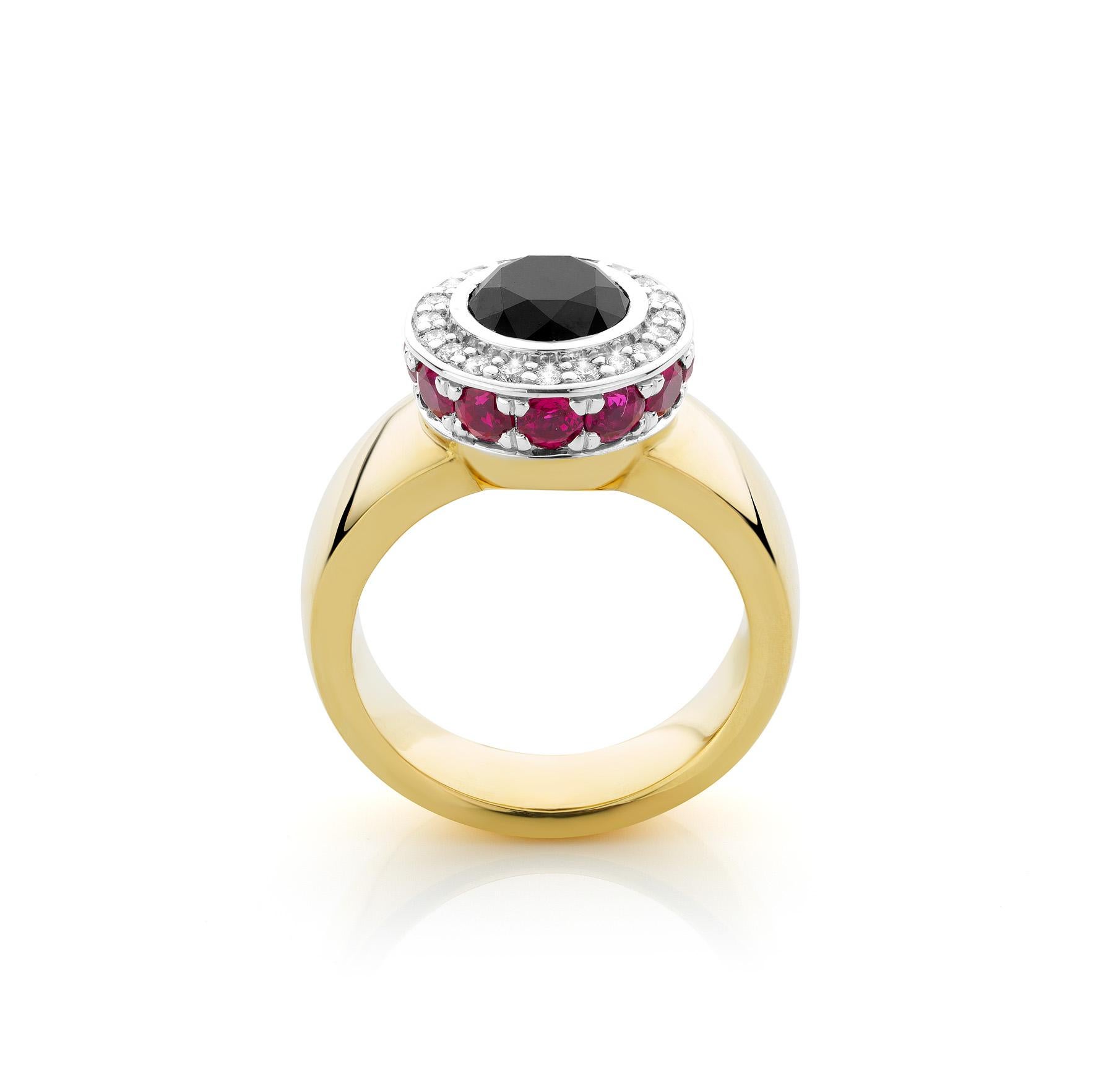 Contemporary Cober with black Diamond of 1.98 Carat Diamonds and 1.77 Ct.Rubies Cocktail Ring For Sale