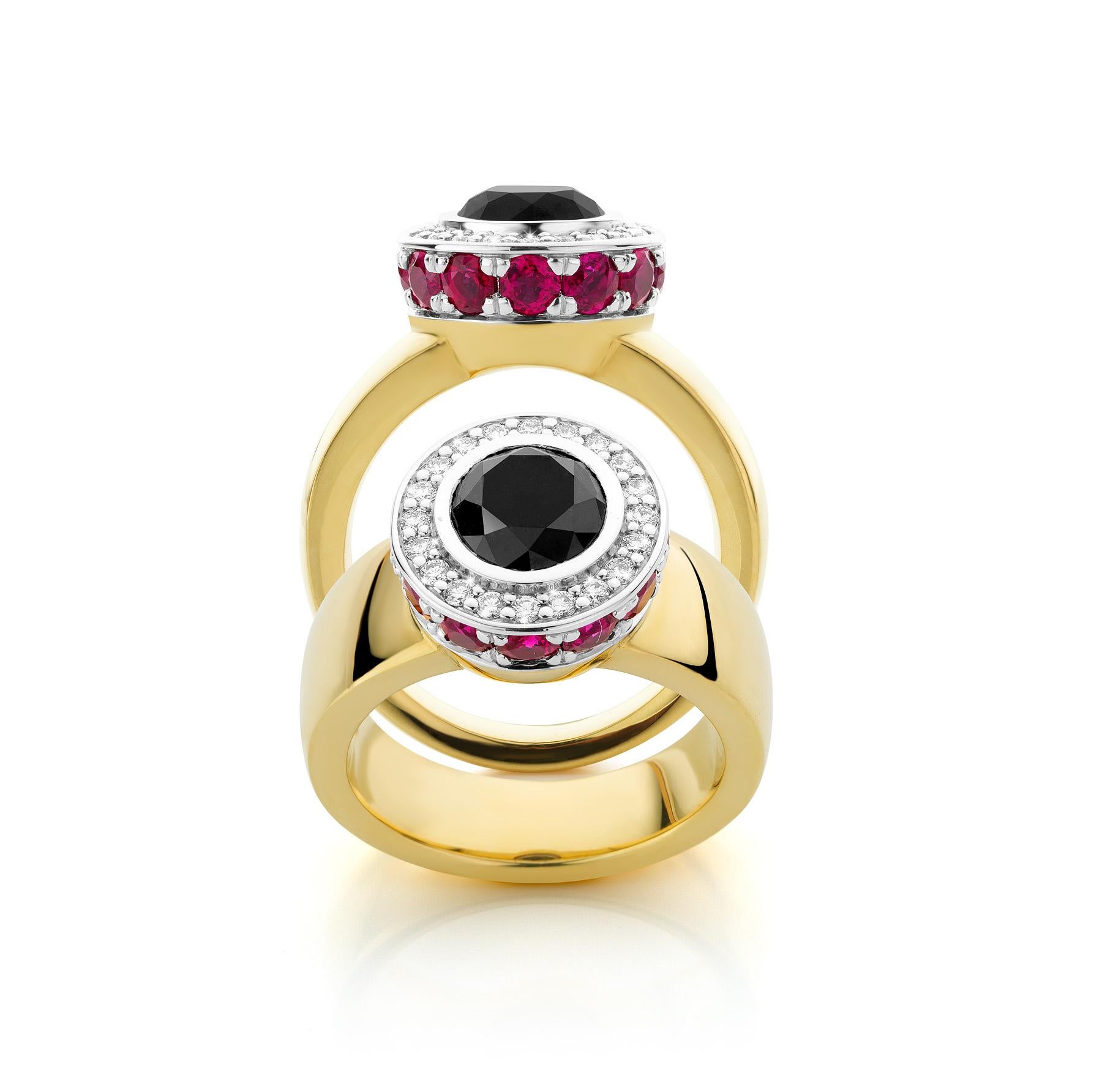 Brilliant Cut Cober with black Diamond of 1.98 Carat Diamonds and 1.77 Ct.Rubies Cocktail Ring For Sale