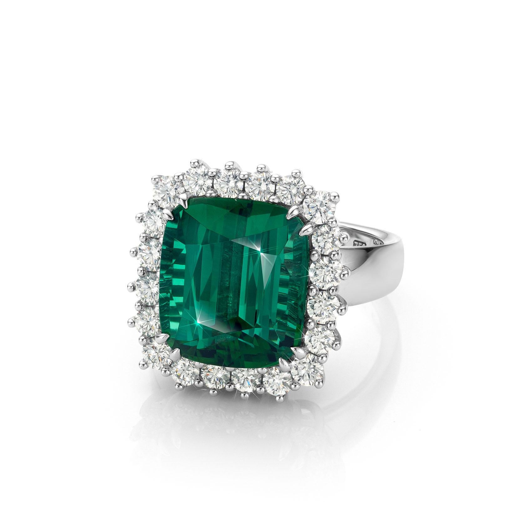 Cober with bright Green  11.61 Carat Tourmaline 20 Diamonds White Gold Ring For Sale 1