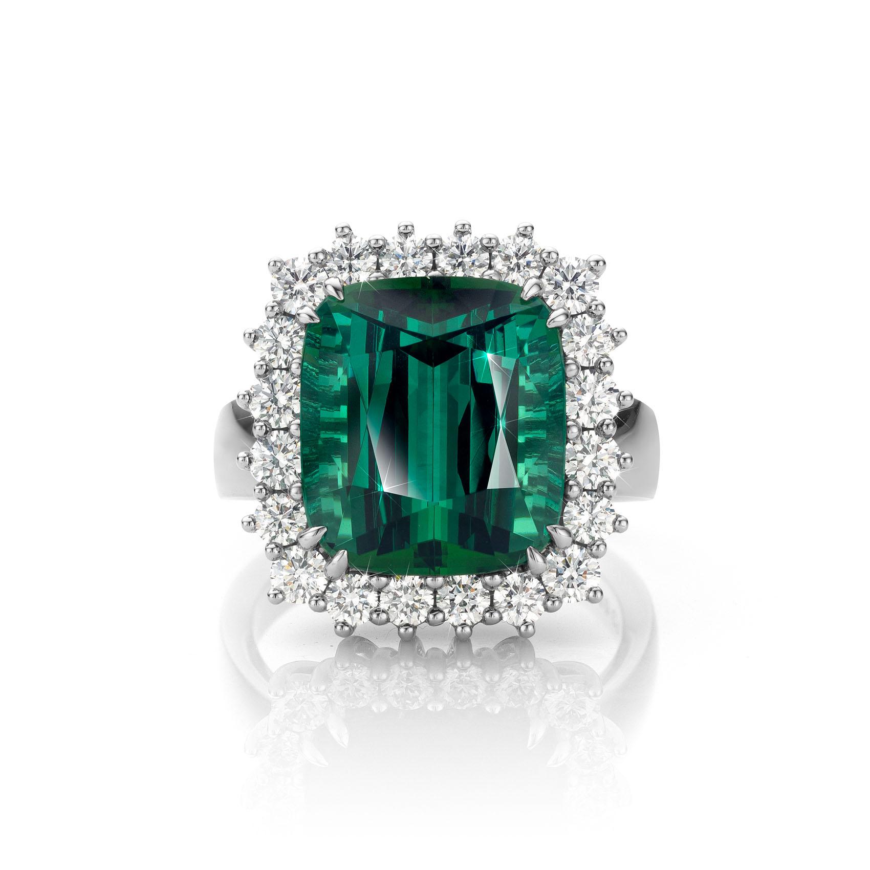 Cober with bright Green  11.61 Carat Tourmaline 20 Diamonds White Gold Ring For Sale 2
