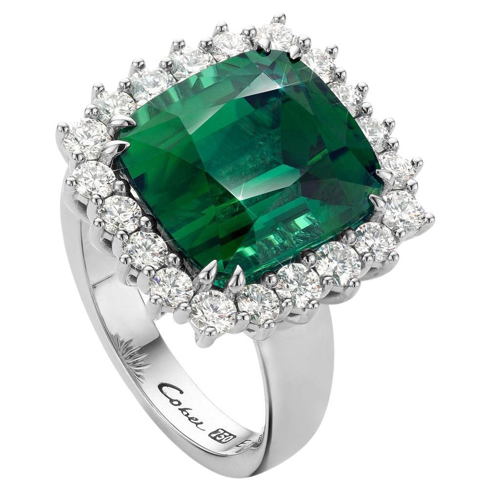 Cober with bright Green  11.61 Carat Tourmaline 20 Diamonds White Gold Ring For Sale
