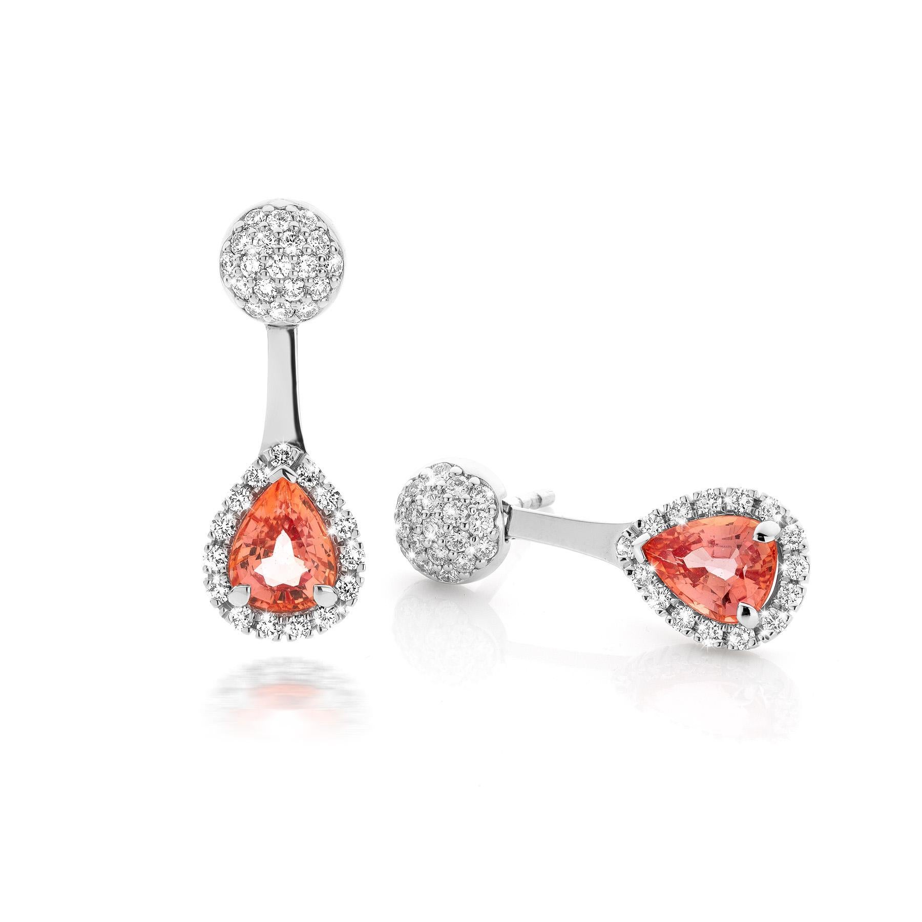 Contemporary Cober with Padparadscha Sapphire surrounded by 15 Diamonds White Gold Earrings For Sale