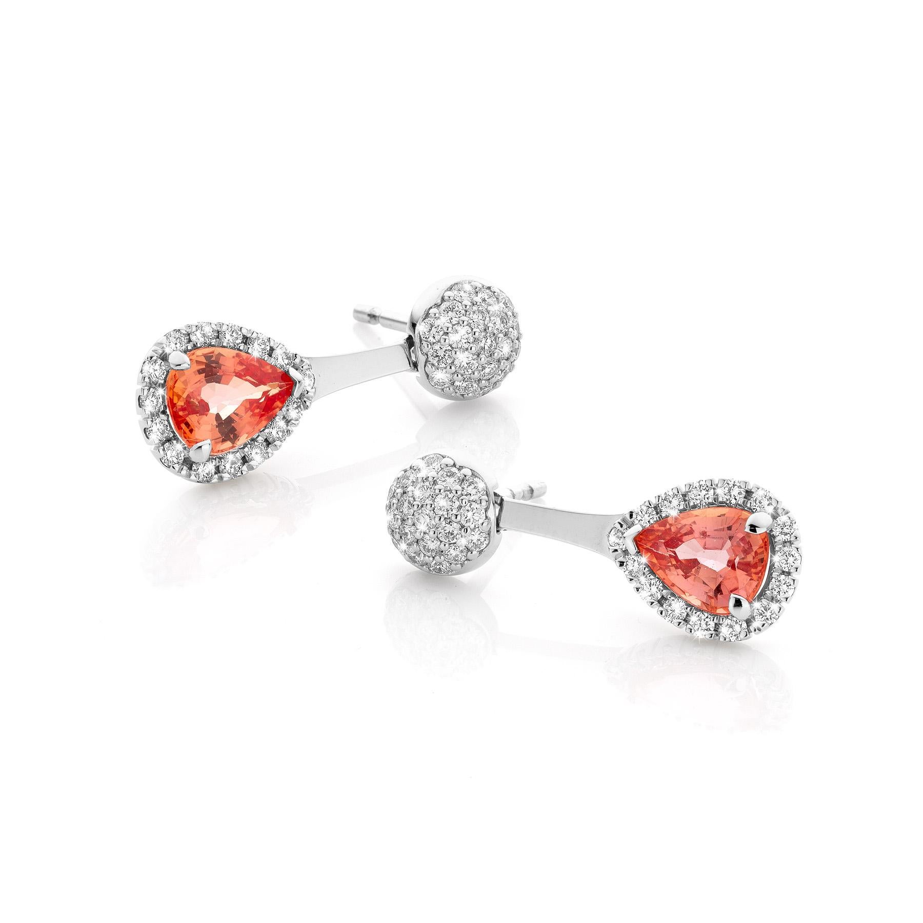 Brilliant Cut Cober with Padparadscha Sapphire surrounded by 15 Diamonds White Gold Earrings For Sale