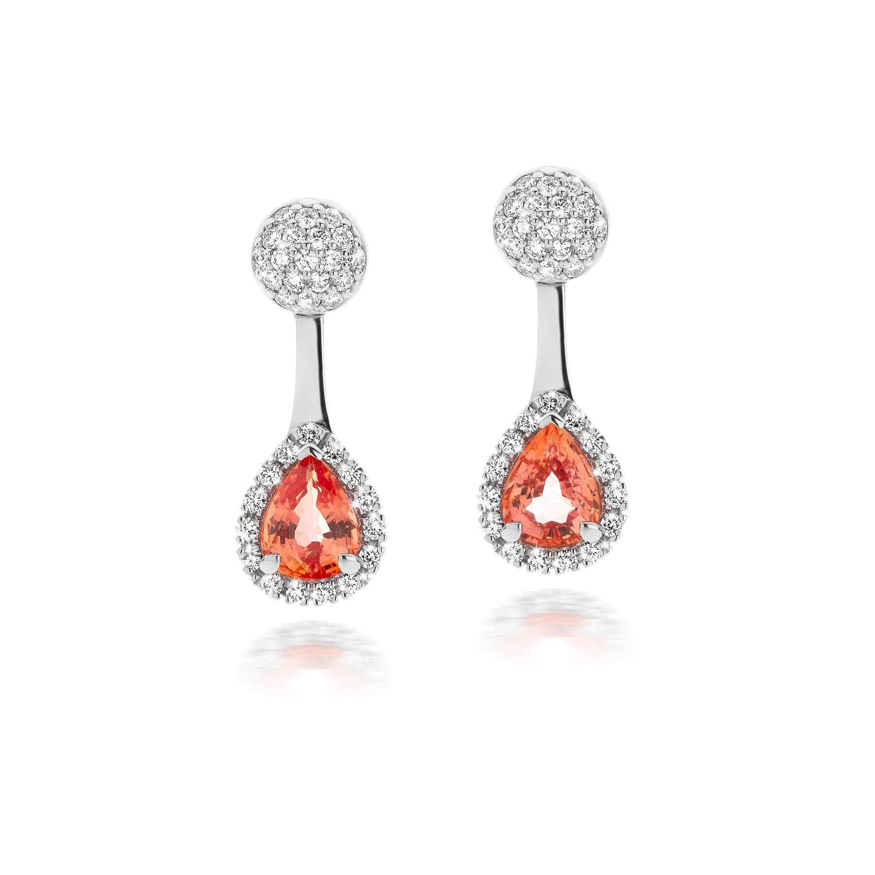 Cober with Padparadscha Sapphire surrounded by 15 Diamonds White Gold Earrings In New Condition For Sale In OSS, NH