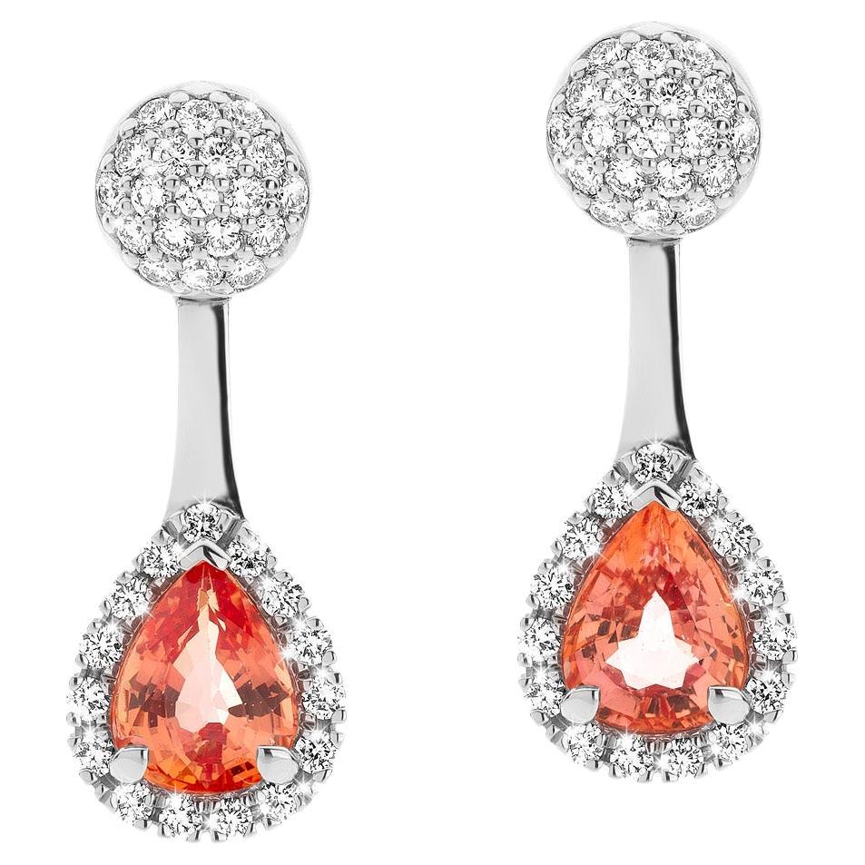 Cober with Padparadscha Sapphire surrounded by 15 Diamonds White Gold Earrings For Sale