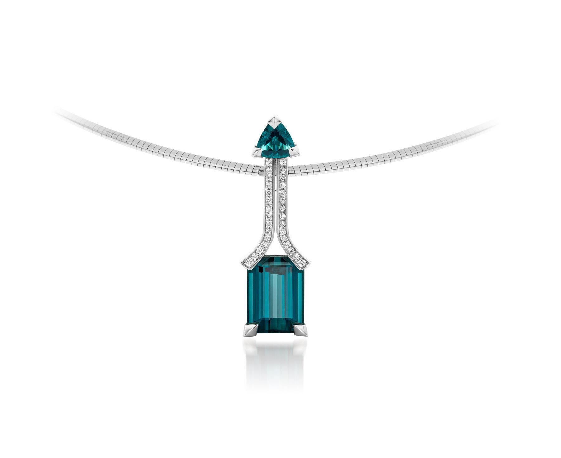 Contemporary Cober with Tourmalines of 7.04 and 0.68 Carat and Diamonds 0.15 Carat  Pendant  For Sale