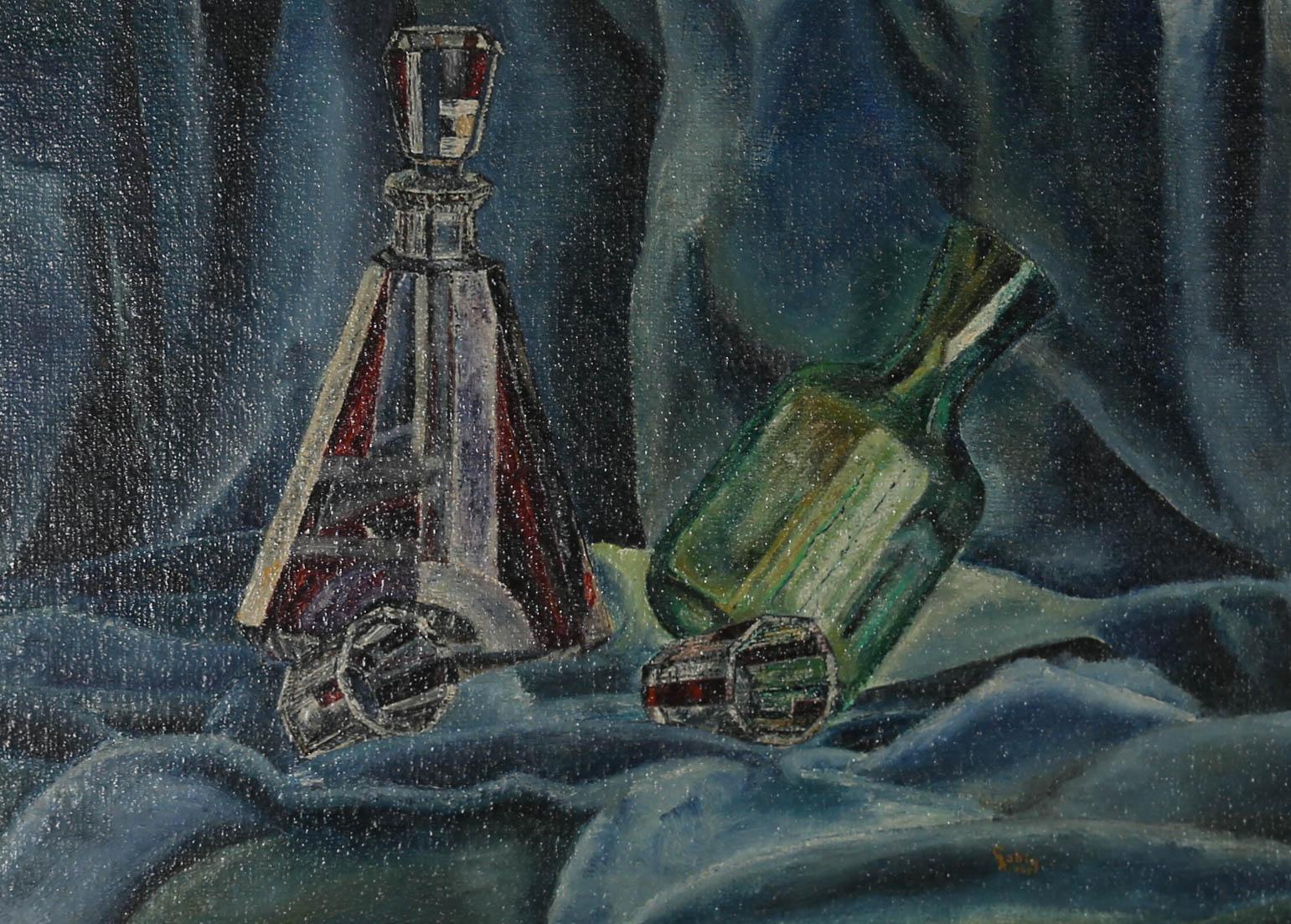 This precisely painted still life depicts two art deco decanters, glinting in the soft folds of a dark satin cloth. Captured next to the moulded vessels are two crystal shot glasses, cut in a classy octagon style. The painting has been signed and