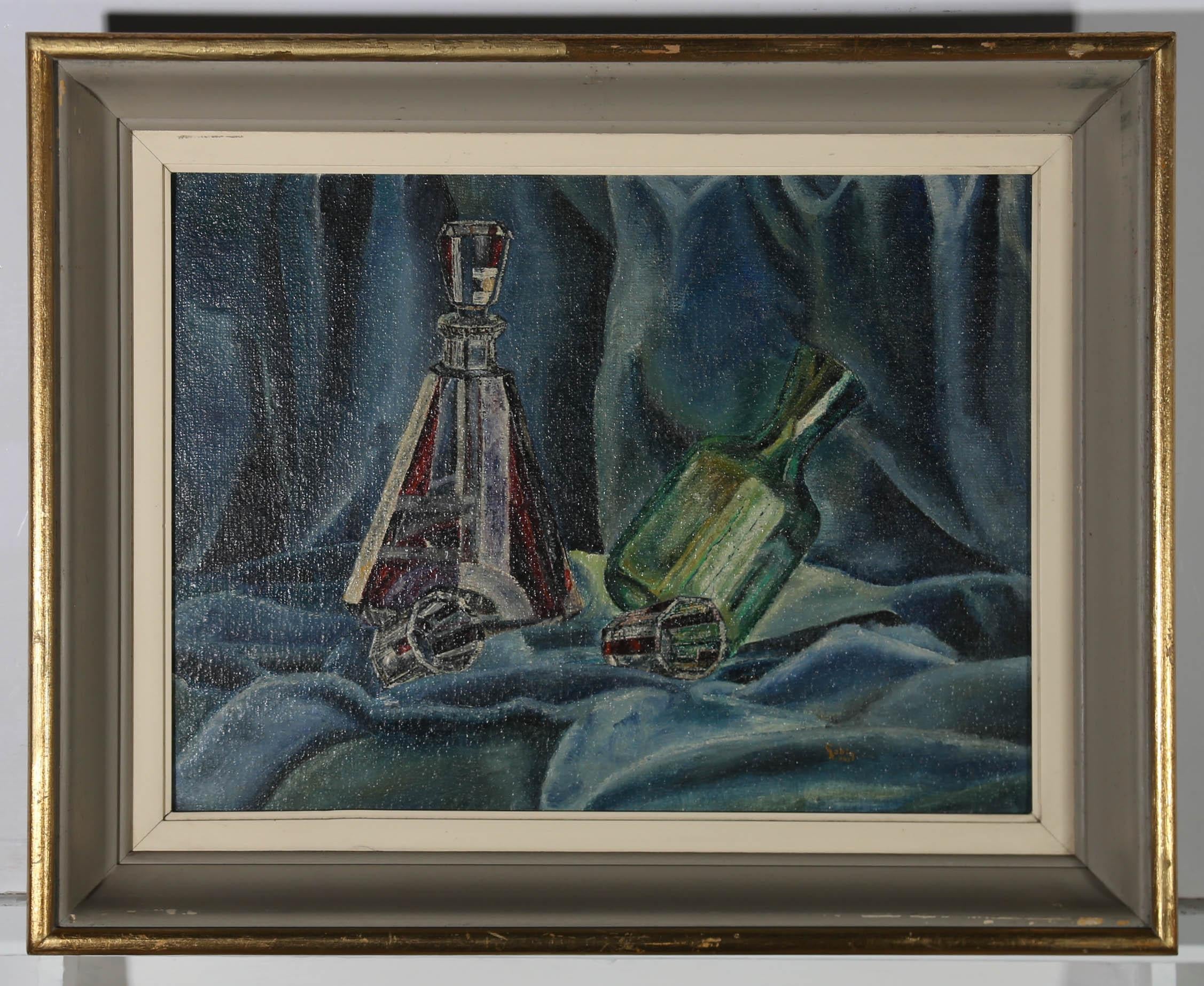 Cobin - Framed 1949 Oil, Deco Decanters & Shot Glasses For Sale 1