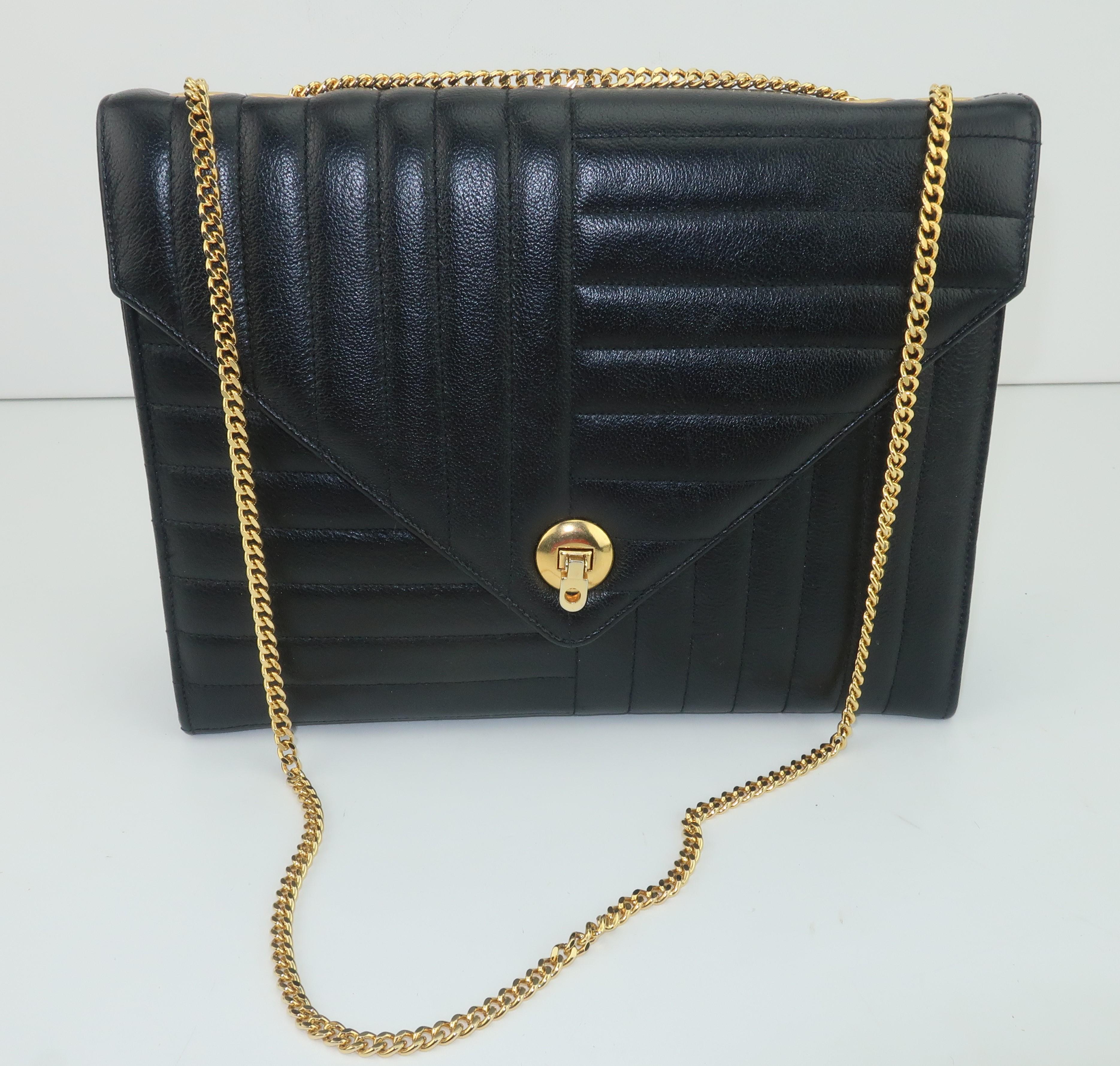 Coblentz Black Leather Handbag With Gold Convertible Chain, 1960's 1