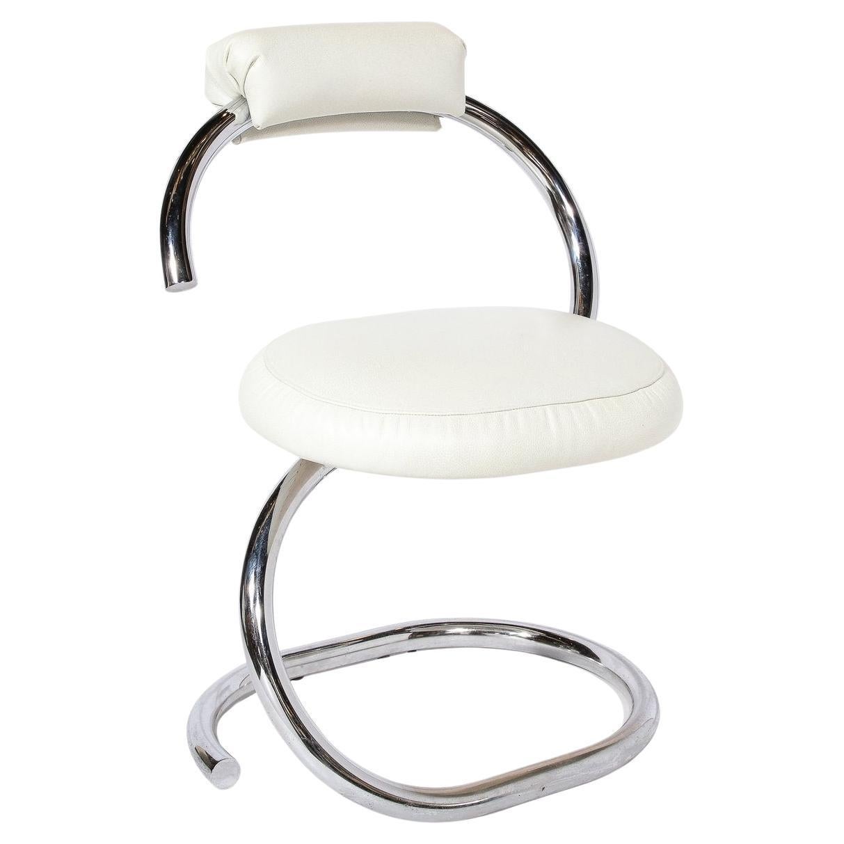 Cobra Chair in Curved Chrome & White Leather by Giotto Stoppino For Sale