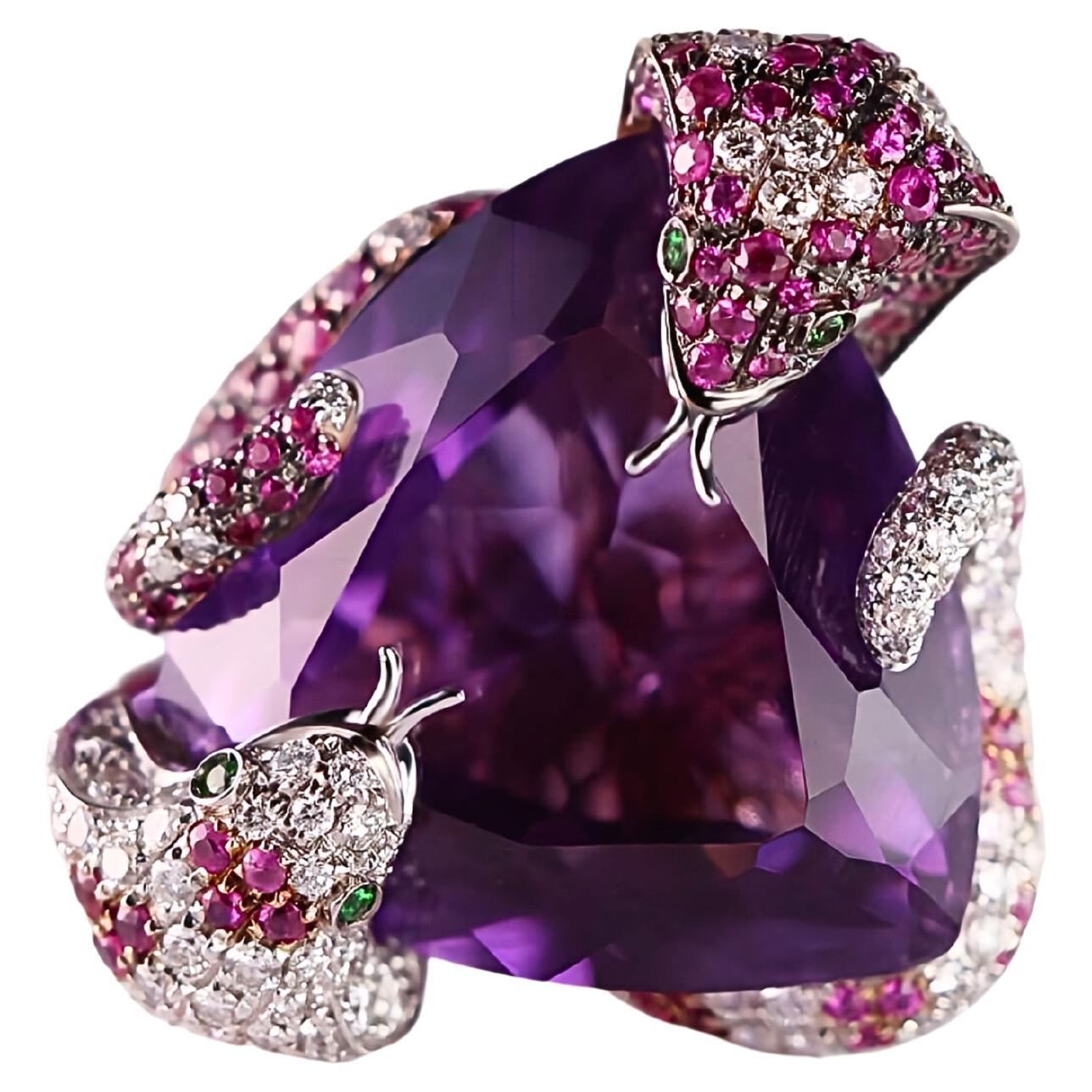 "Cobra Dance: 18kt Gold Ring with Amethyst, Diamonds & Rubies" For Sale