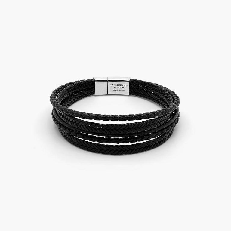 Cobra Multi-Strand Bracelet in Italian Black Leather with Sterling Silver,  Size S