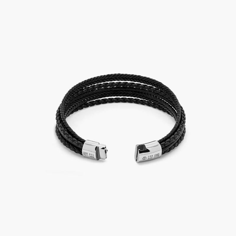 Cobra Multi-Strand Bracelet in Italian Black Leather with Sterling Silver, Size S In New Condition For Sale In Fulham business exchange, London