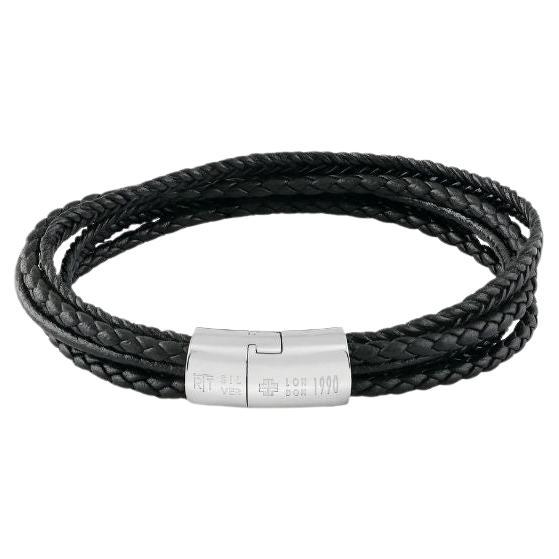 Cobra Multi-Strand Bracelet in Italian Black Leather with Sterling Silver, Size S For Sale