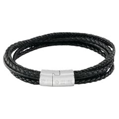 Cobra Mehrstrangiges Armband aus schwarzem italienischem schwarzem Leder mit Sterlingsilber, Größe S