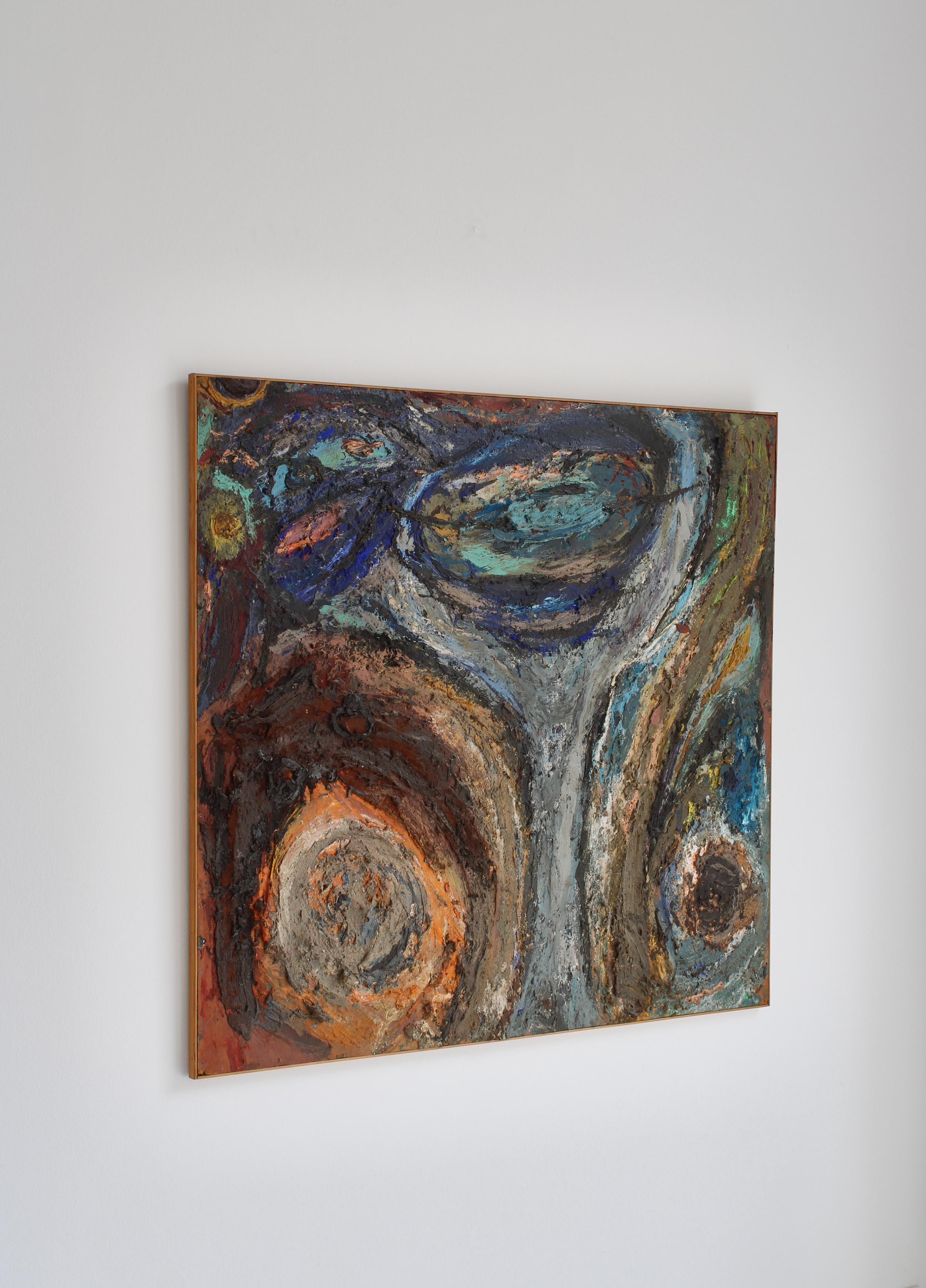 Pintura Cobra del artista danés Erik Nyholm, técnica mixta y óleo fechada en 1965 Expresionista en venta