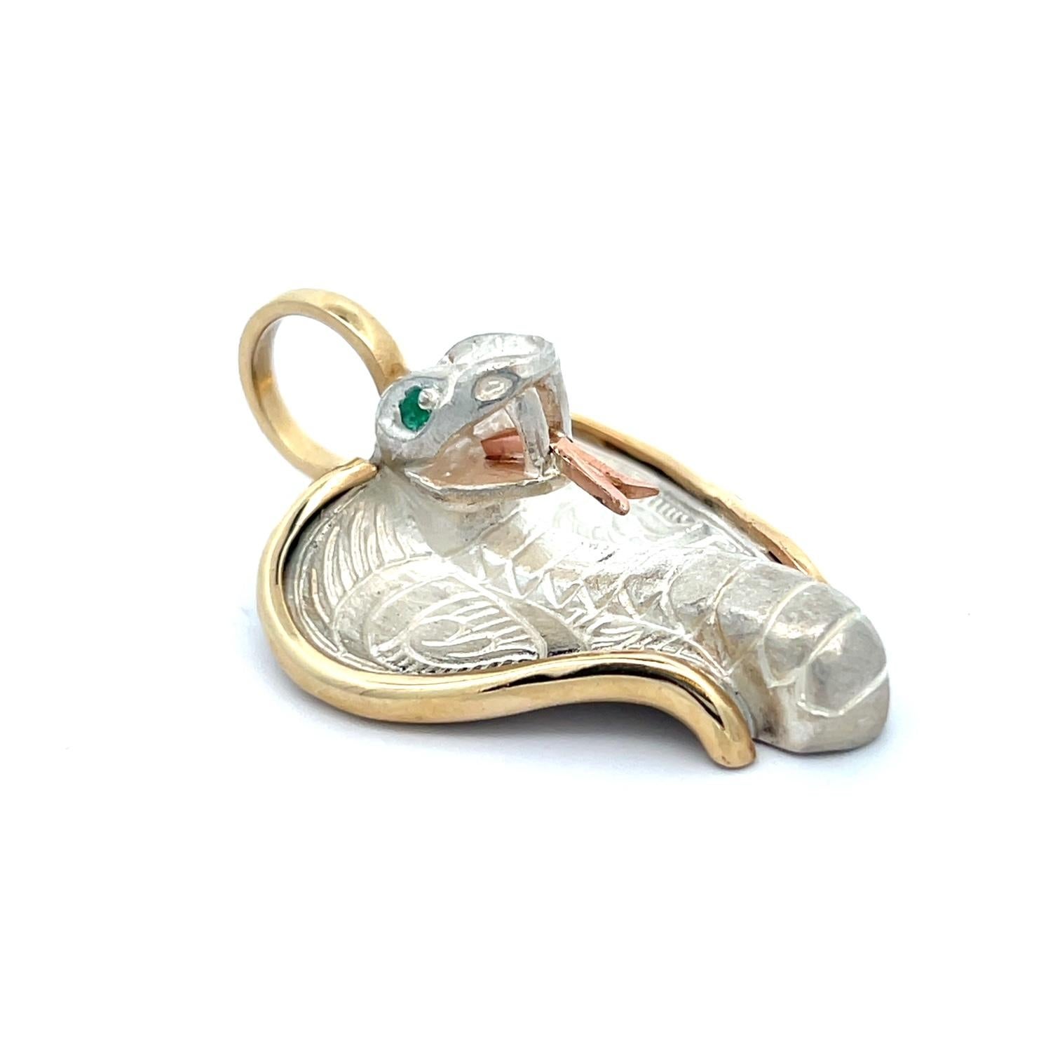 Women's or Men's Cobra Pendant Sterling Silver 14k Gold Emeralds Snake Chain For Sale