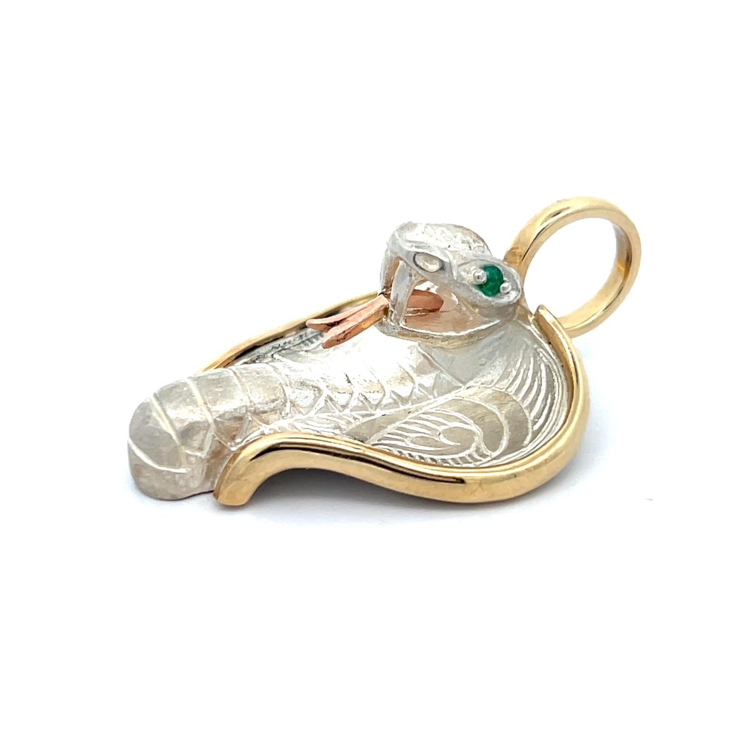 Cobra Pendant Sterling Silver 14k Gold Emeralds Snake Chain For Sale 2