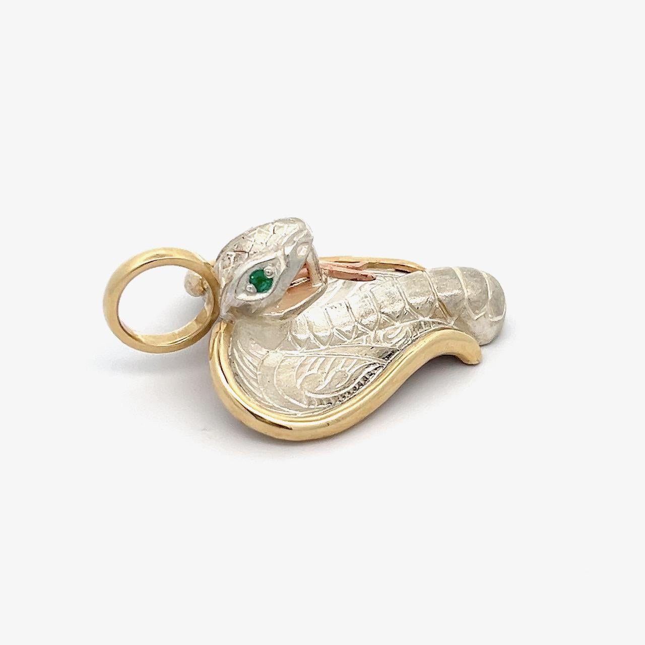 Cobra Pendant Sterling Silver 14k Gold Emeralds Snake Chain For Sale 4
