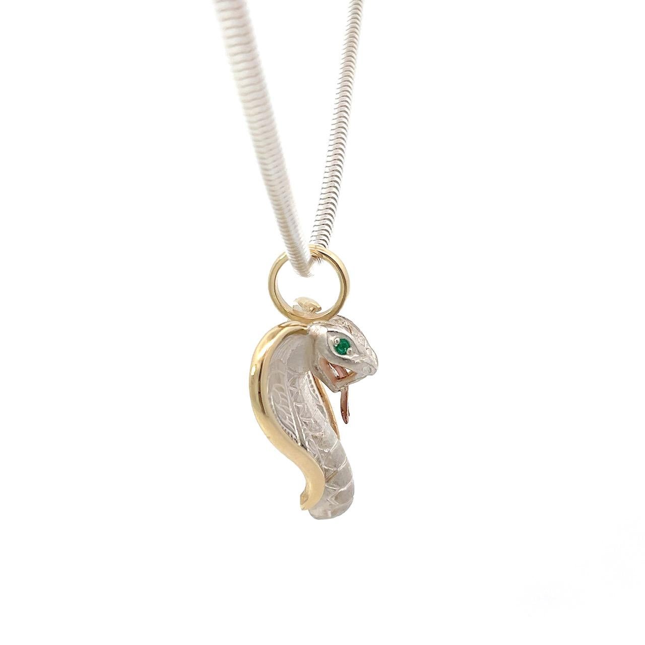 Cobra Pendant Sterling Silver 14k Gold Emeralds Snake Chain For Sale 6