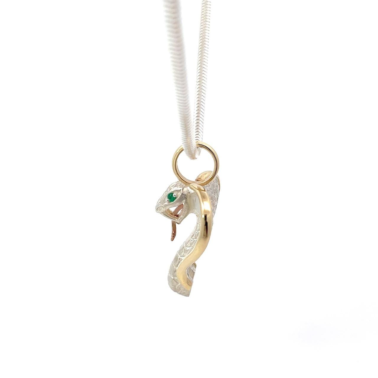 Cobra Pendant Sterling Silver 14k Gold Emeralds Snake Chain For Sale 8