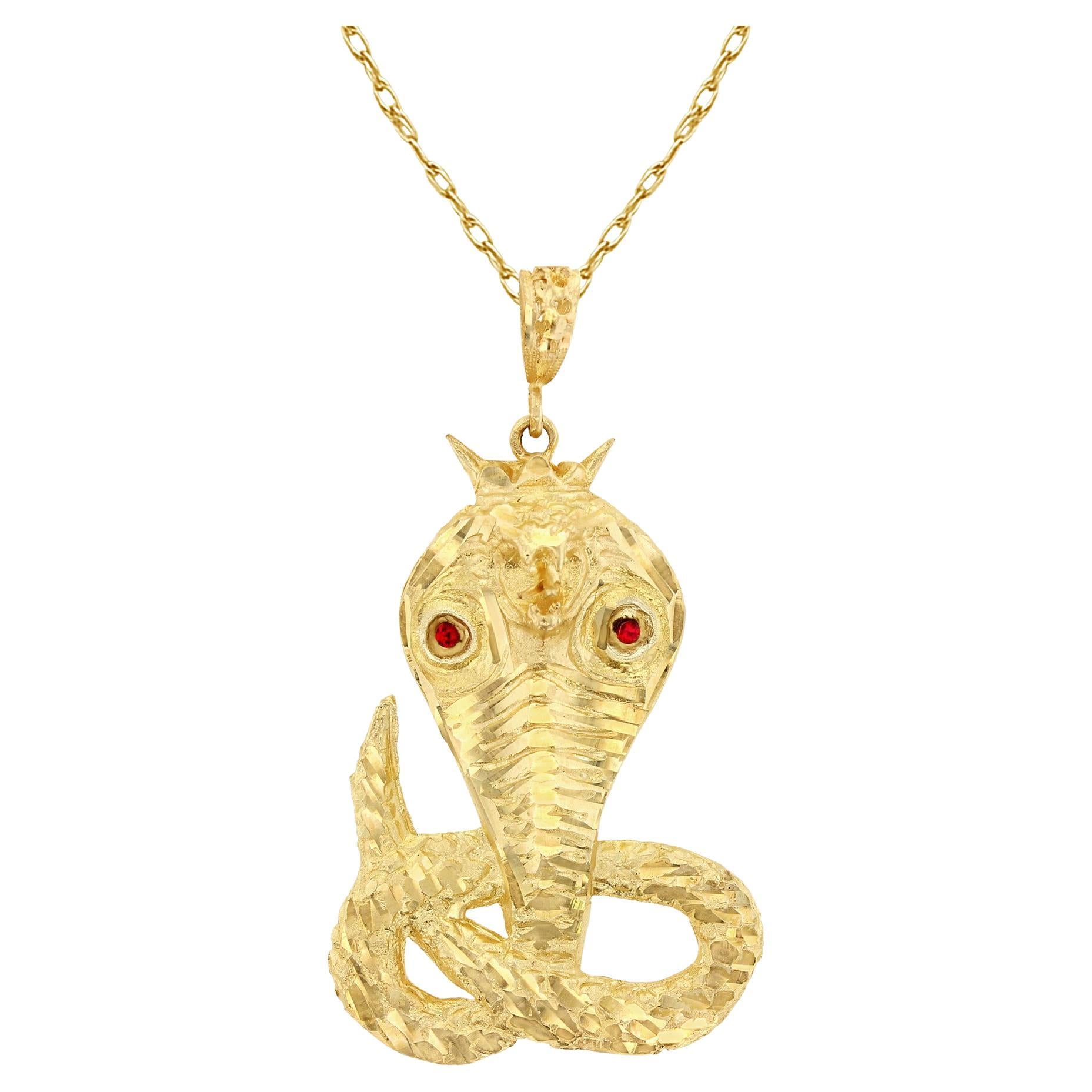 Cobra Snake Gold Necklace with Ruby Accents 10K Yellow Gold For Sale