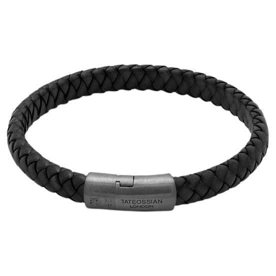 Cobra Sontuoso Bracelet in Black Leather & Black Rhodium Sterling Silver, Size S For Sale