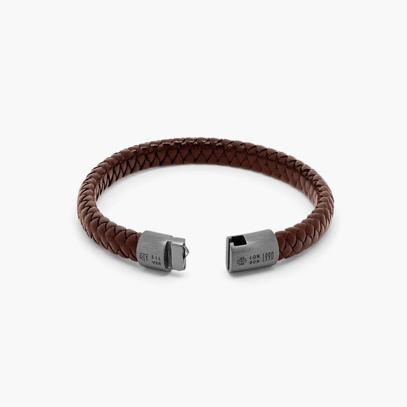 Cobra Sontuoso Bracelet in Italian Brown Leather & Black Rhodium Plated, Size M In New Condition For Sale In Fulham business exchange, London