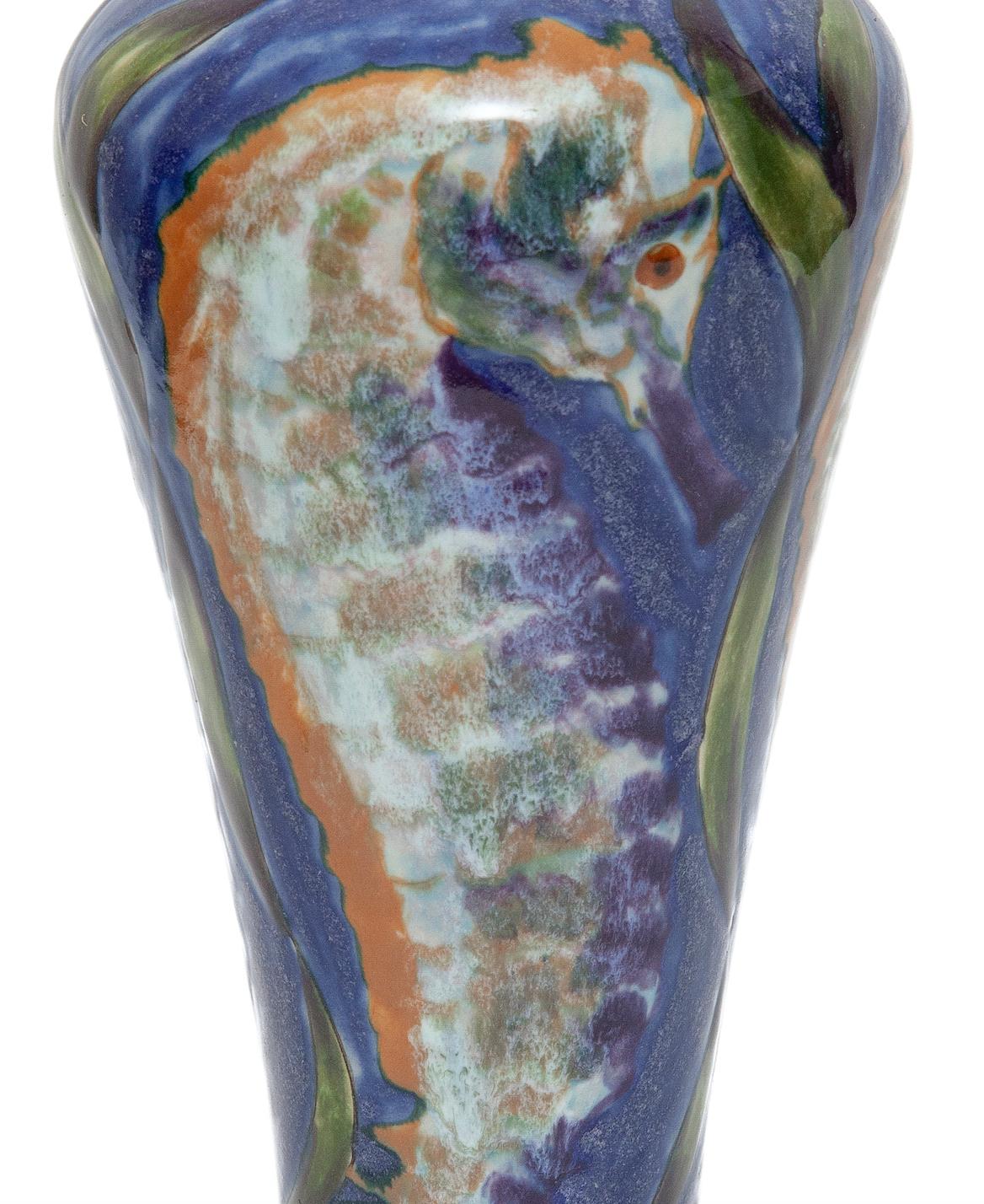 Post-Modern Cobridge Stoneware Vase Sea Horses Blue Green Ochre Contemporary For Sale