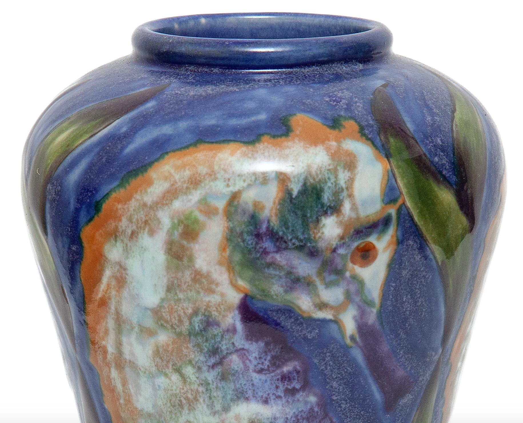 Hand-Painted Cobridge Stoneware Vase Sea Horses Blue Green Ochre Contemporary For Sale
