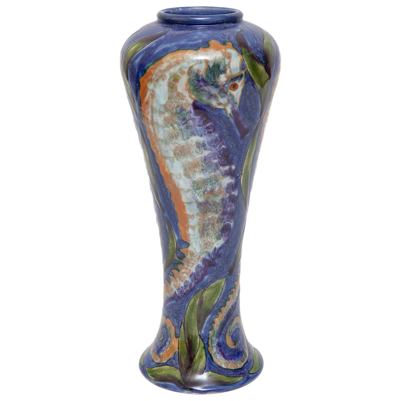 Cobridge Stoneware Vase Sea Horses Blue Green Ochre Contemporary For Sale