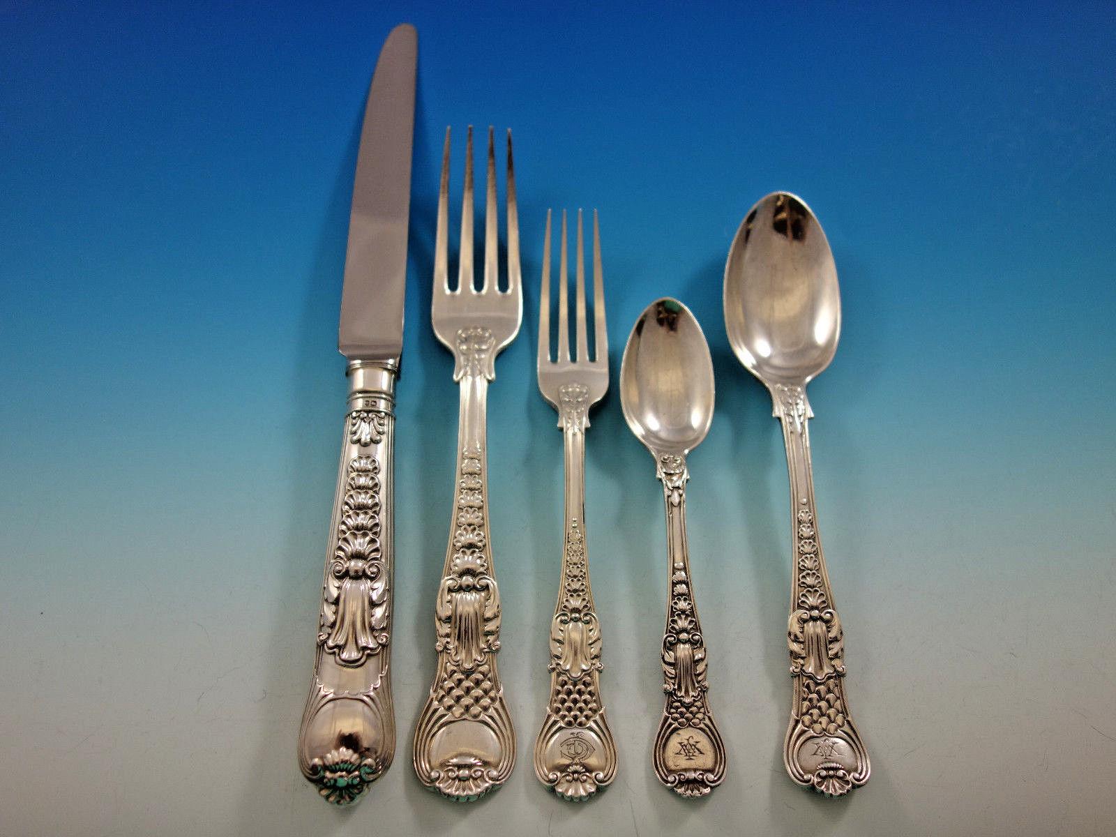 Dinner size Coburg by Various English makers sterling silver flatware set, 33 pieces. This set includes:

6 dinner size knives, 10 1/4